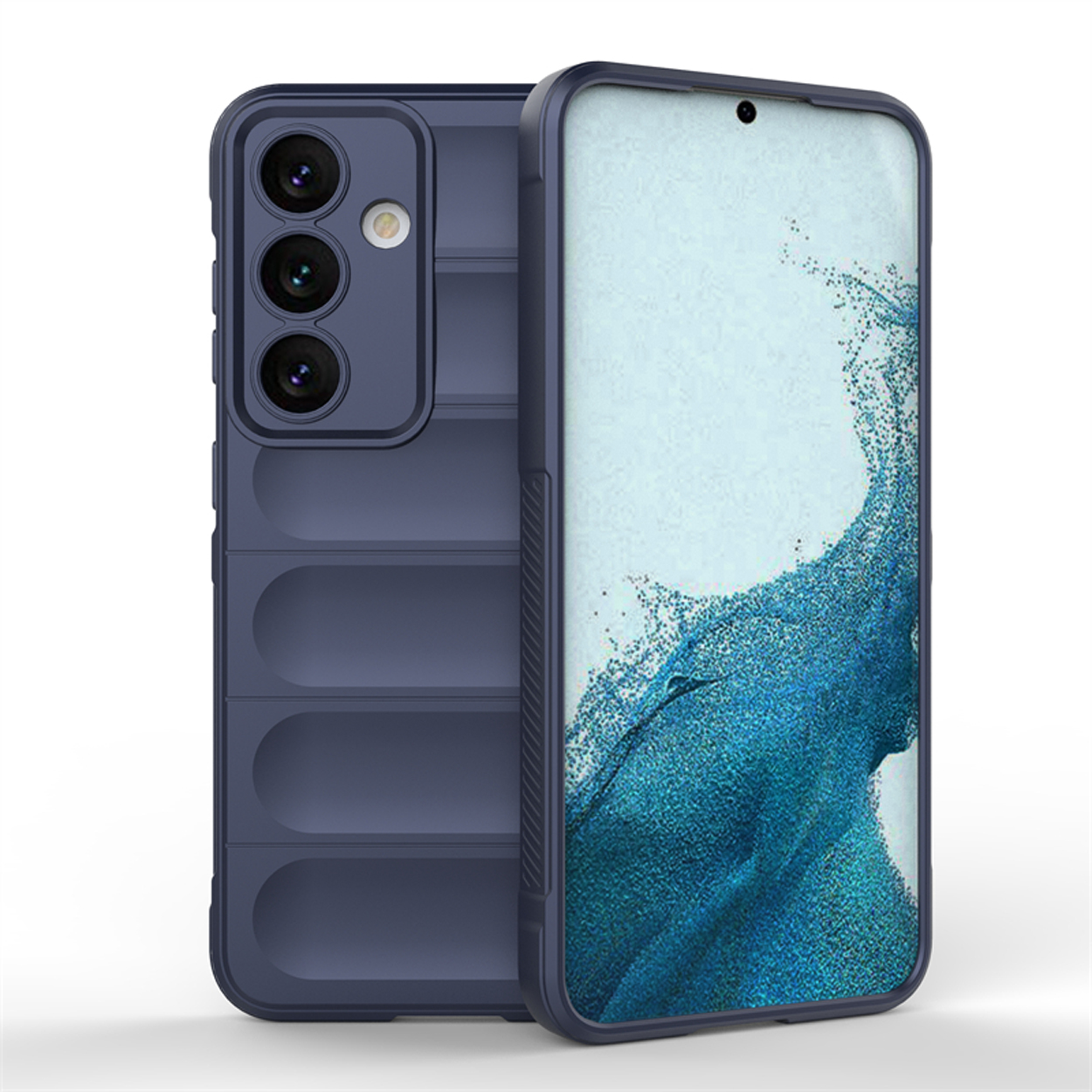 Blauwe telefoonhoes met een blauw scherm op de telefoon.