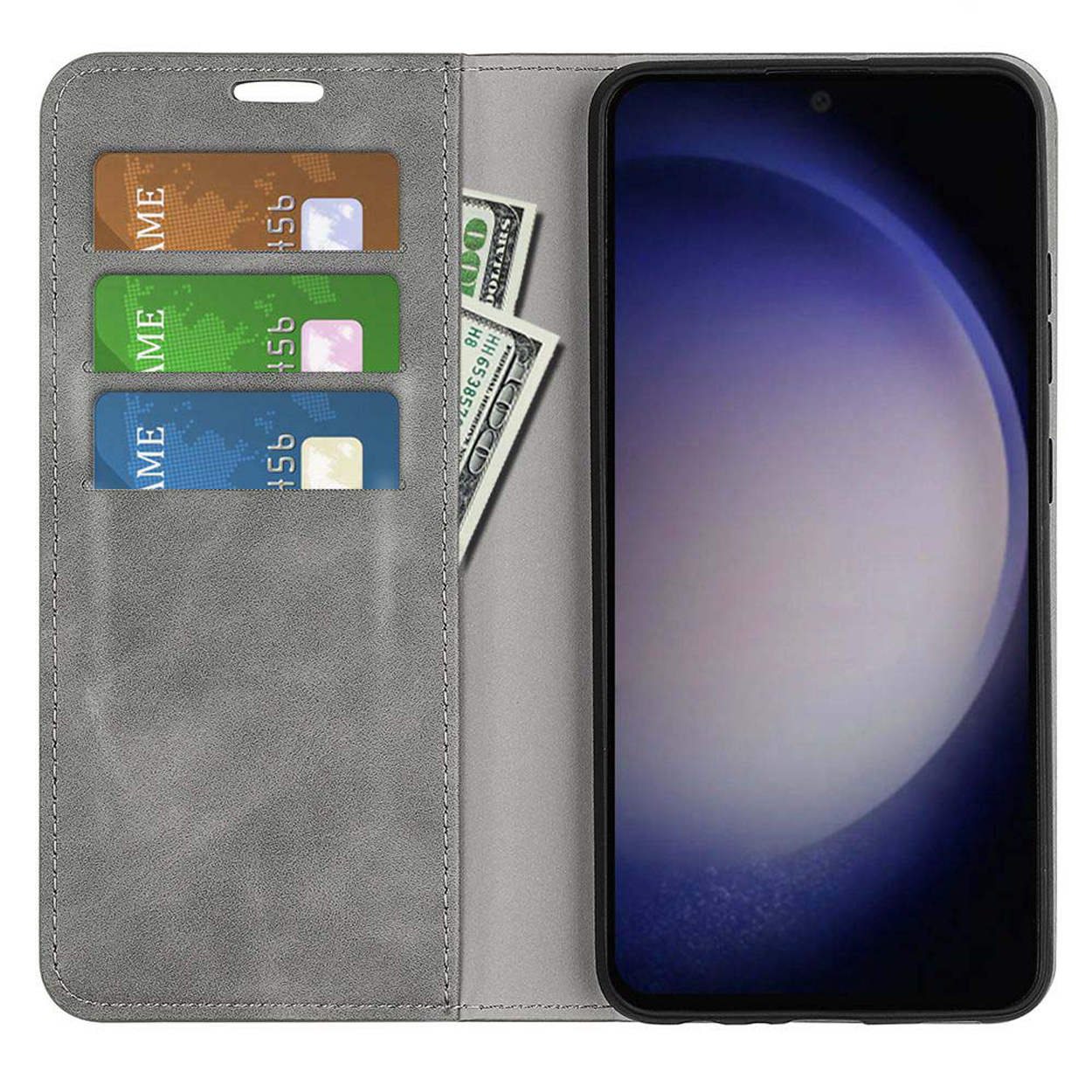 Grijze telefoonhoes, open, met kaarten en geld erin.