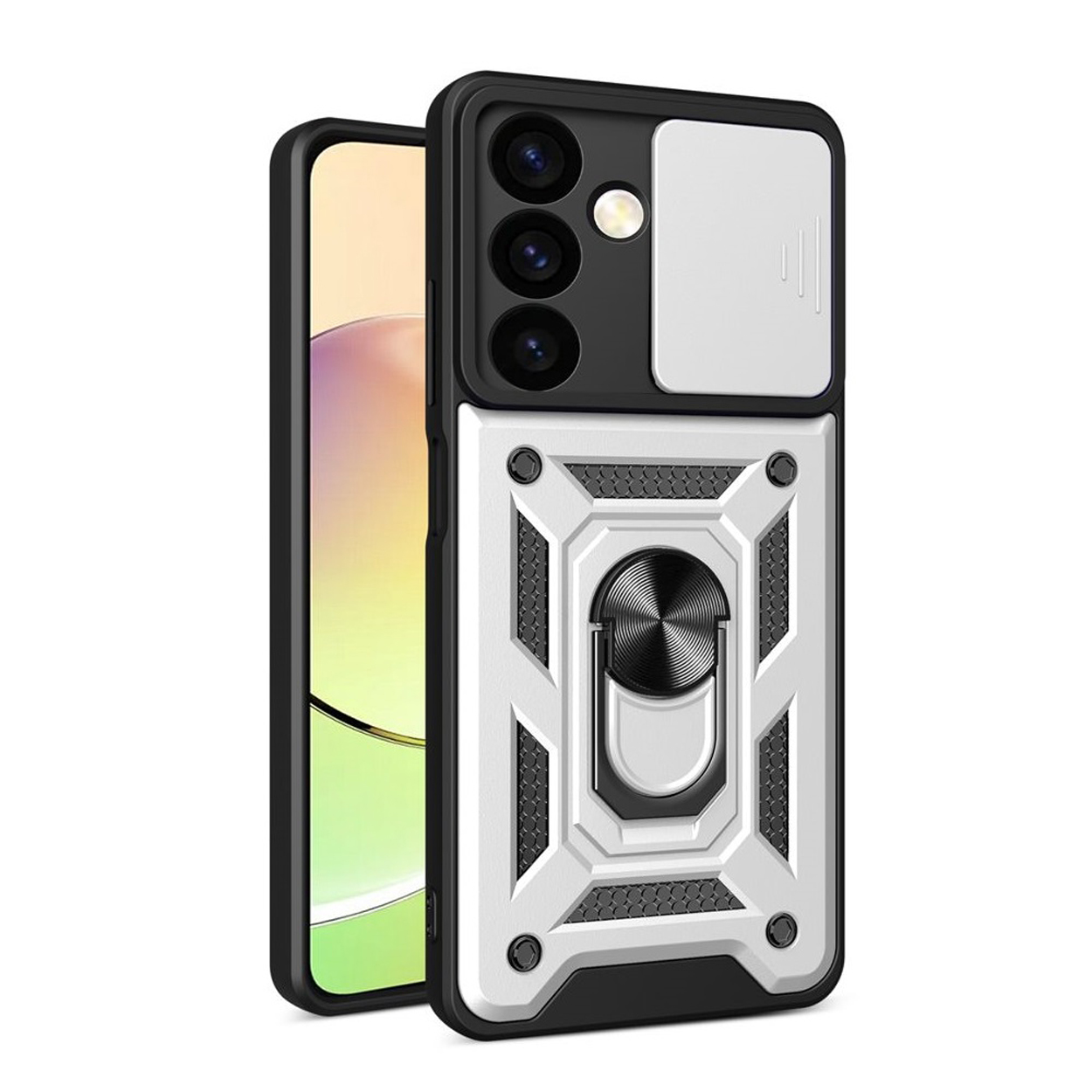 Un étui de téléphone rouge avec un téléphone, trois emplacements pour cartes et une fente pour l'argent.