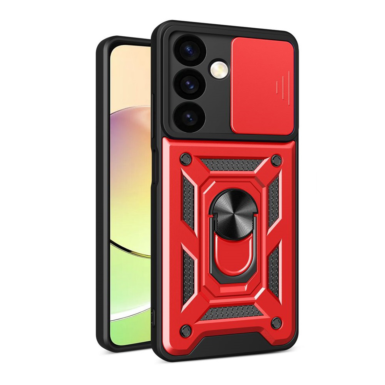 Rode telefoonhoes met een camerabeschermer en een ringstandaard aan de achterkant.