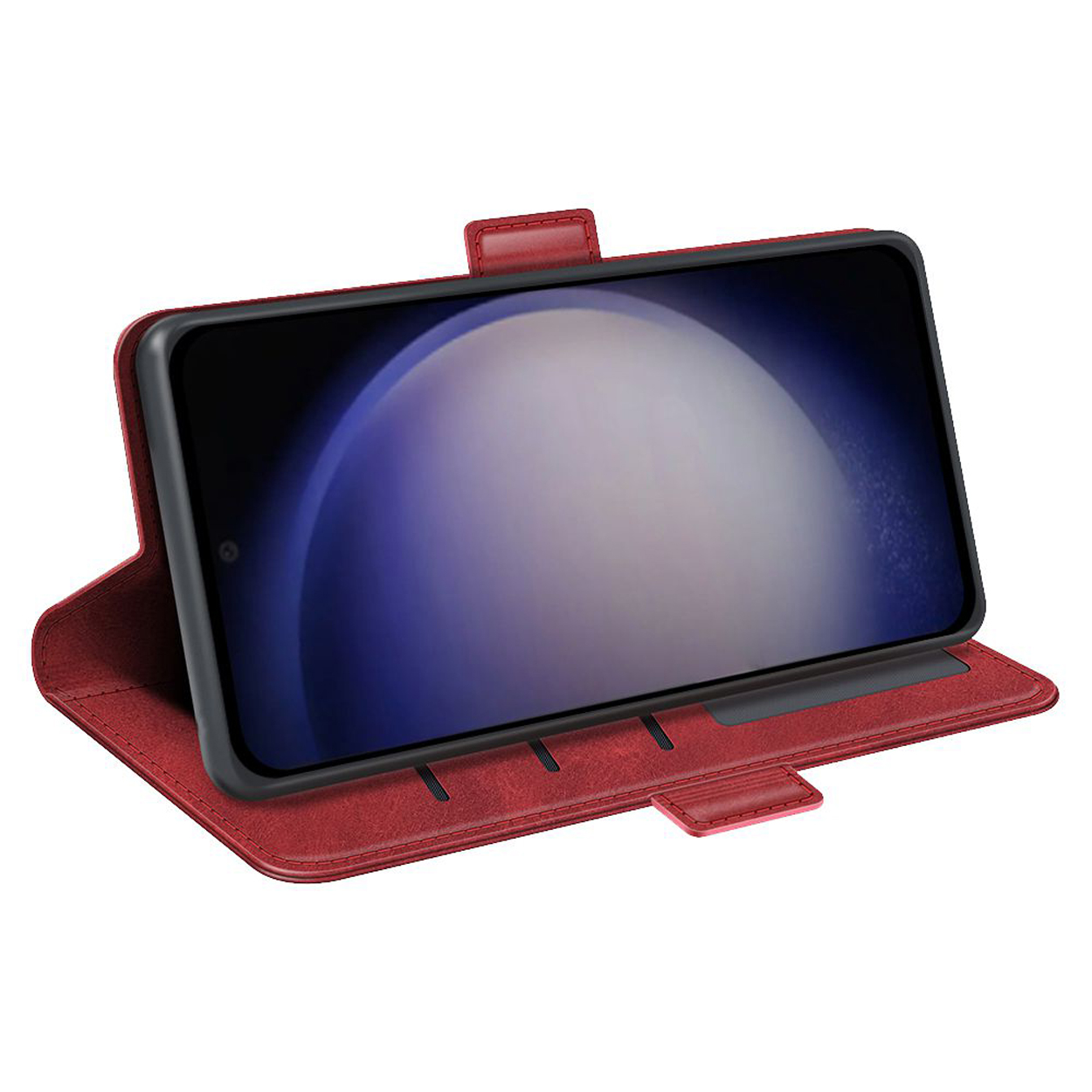 Rode telefoonhoes open met telefoon. Scherm toont een blauw en wit display.
