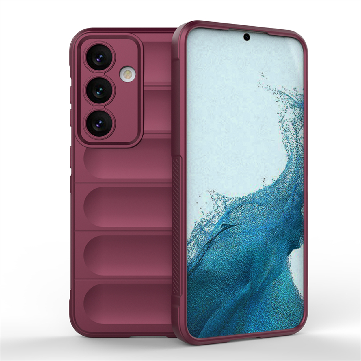 Bordeauxrode telefoonhoes met een telefoon erin. Het ontwerp heeft ribbels op de achterkant.