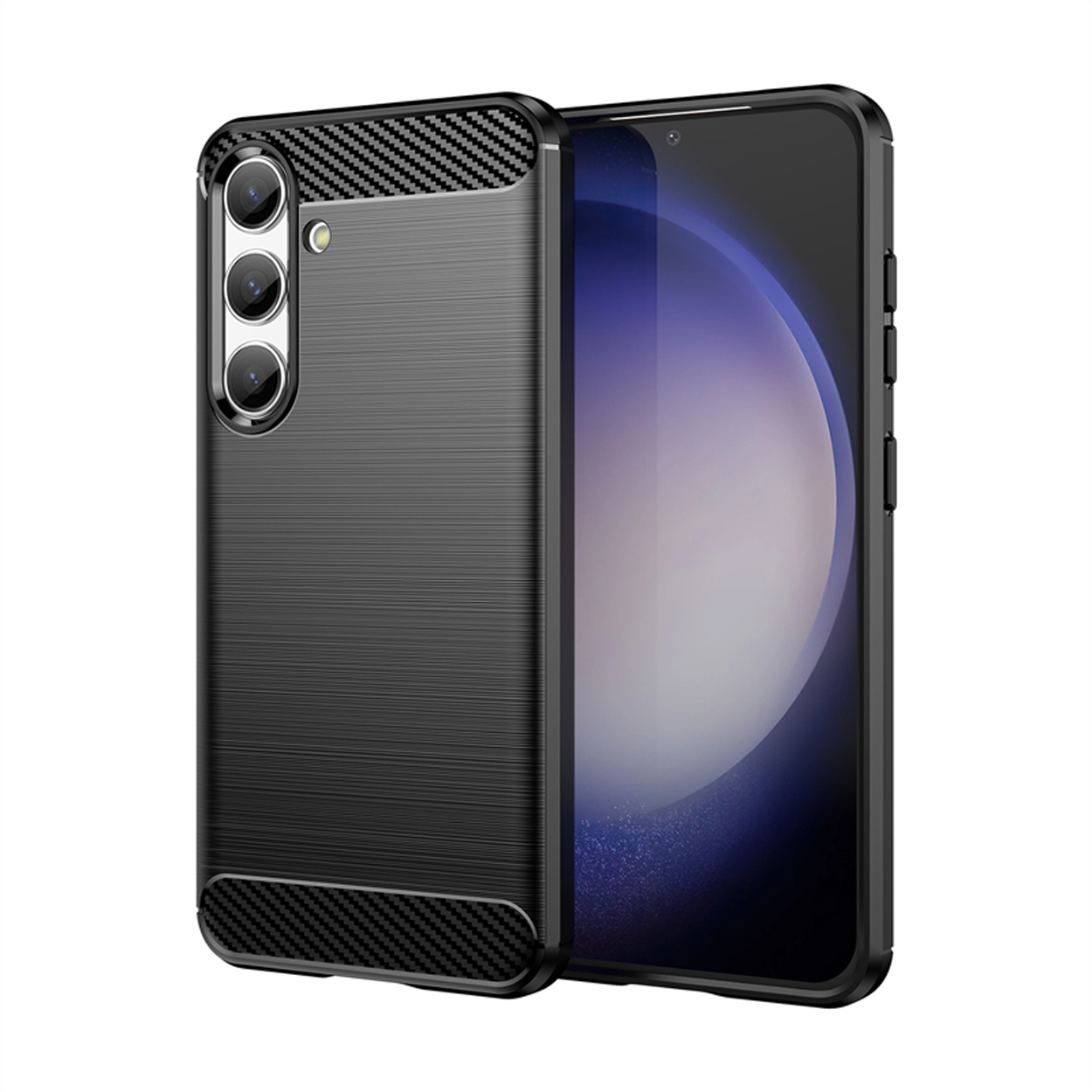 Coque de téléphone noire avec dos texturé et un téléphone avec écran.