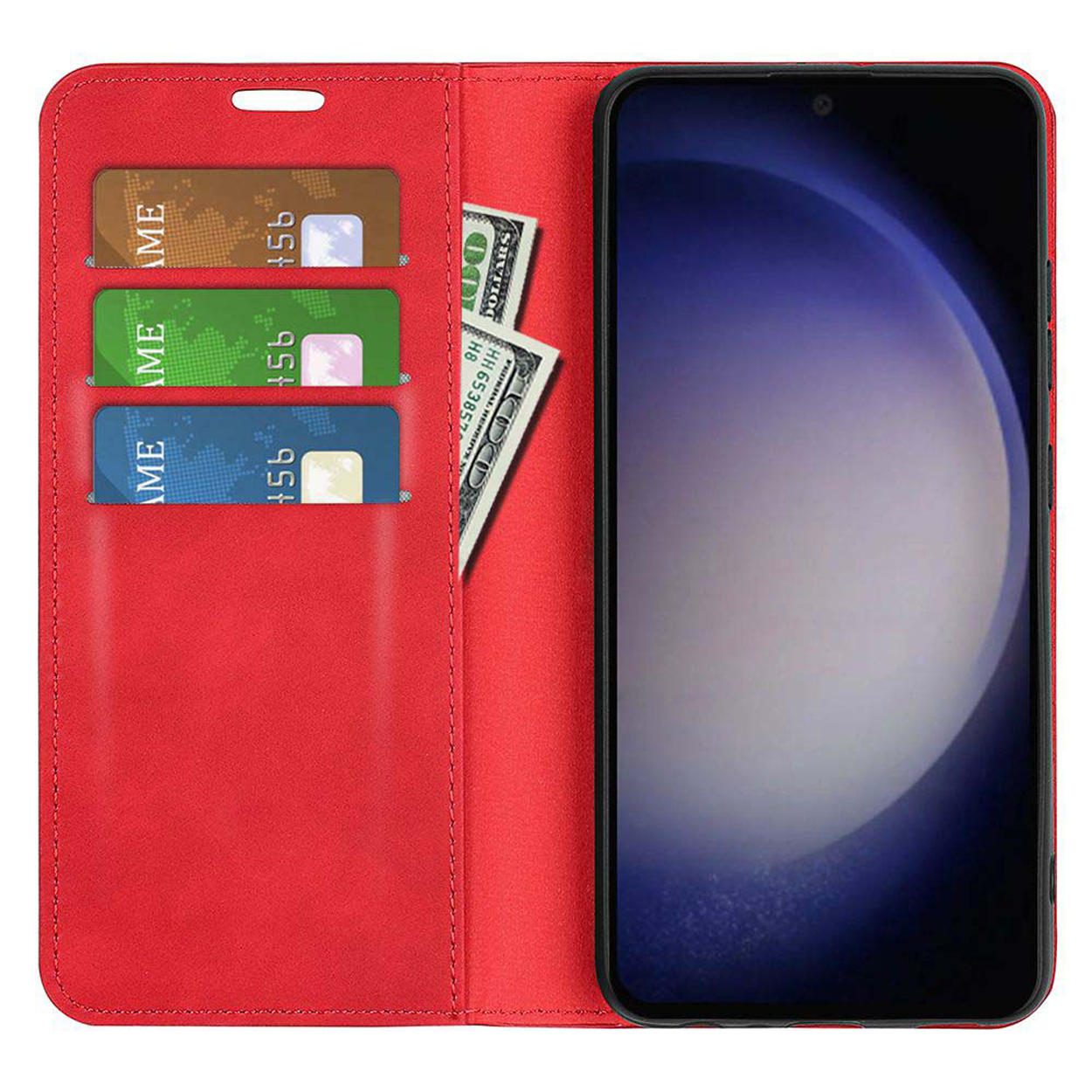 Rode telefoonhoes open, met kaarten en contant geld. Telefoonscherm is zichtbaar.