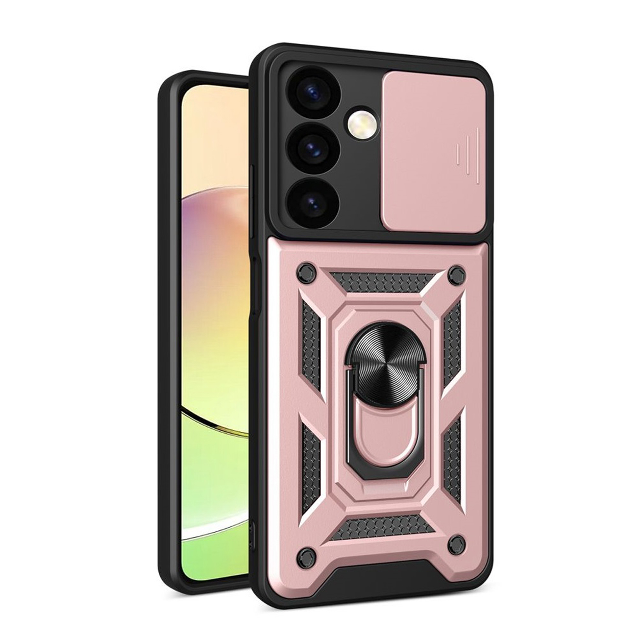 Roze telefoonhoes met zwarte accenten. Het heeft een cameralensafdekking en een ringhouder.