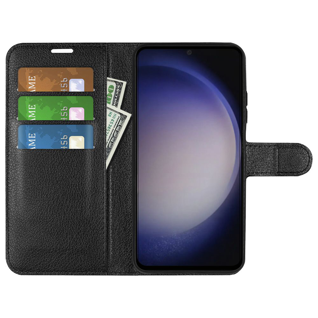 Een zwarte portemonneehoes bevat een telefoon, creditcards en een dollarbiljet.