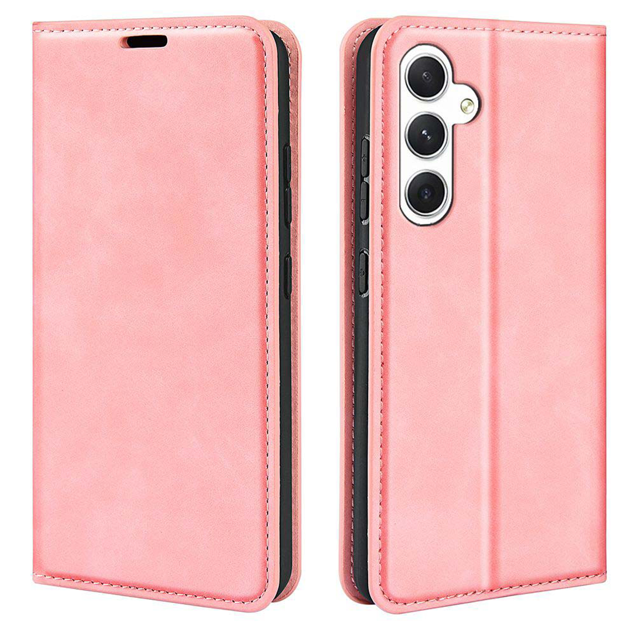 Roze telefoonhoes met een klep, open, toont de cameramodule van de telefoon.