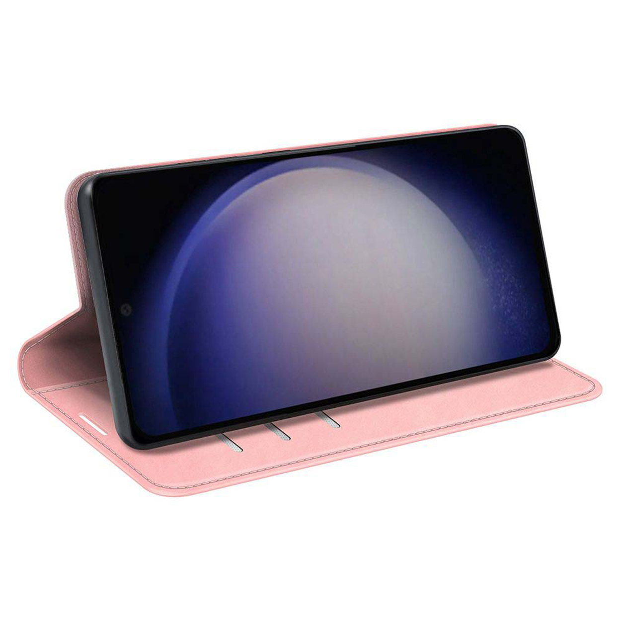 Roze telefoonhoes, met een telefoon erin, hoes opgevouwen.