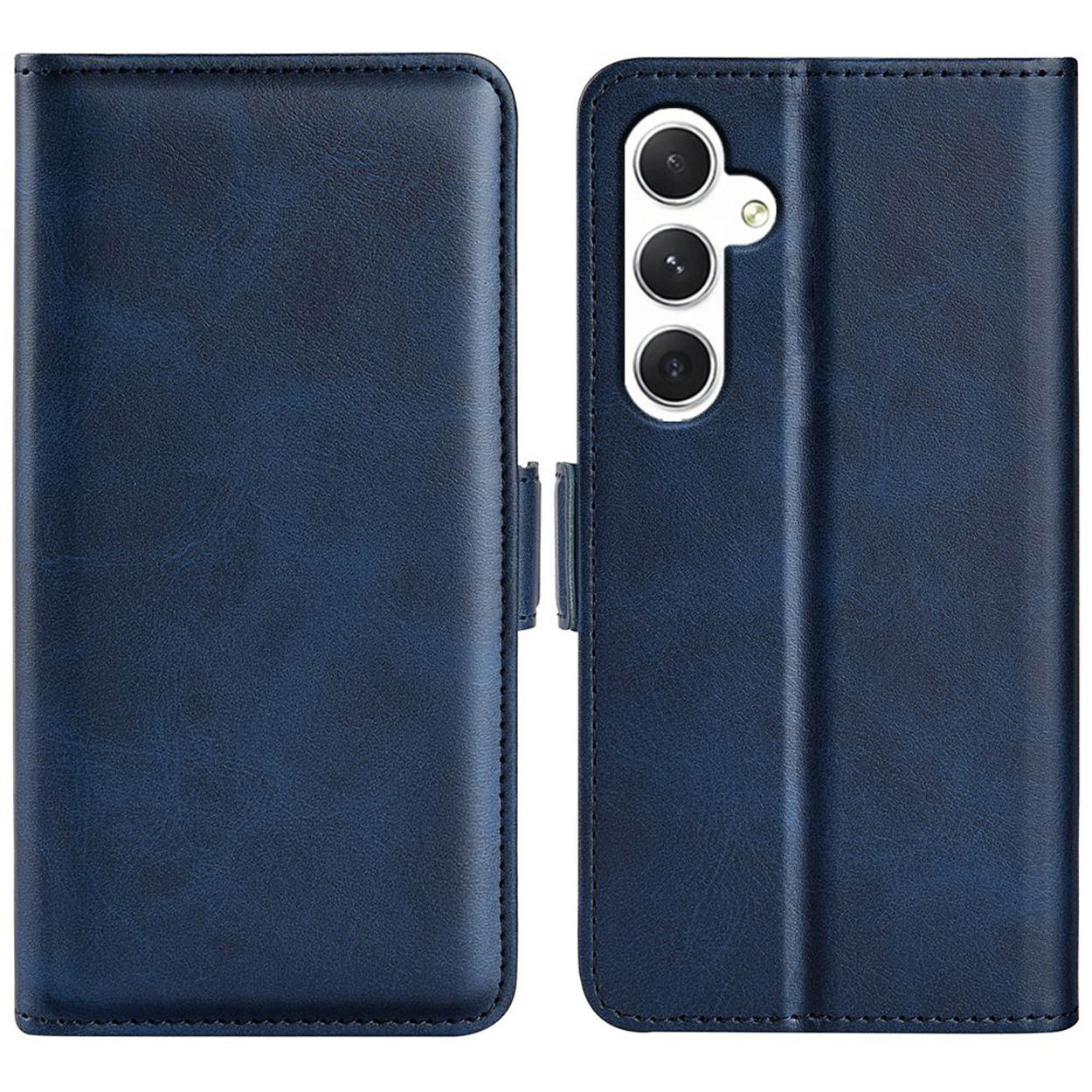Open blauwe leren telefoonhoes, met de achterkant van een telefoon met drie camera's.