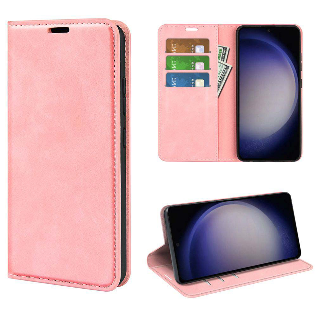 Roze telefoonhoesje met kaarten en geld. Zwarte telefoon zichtbaar.
