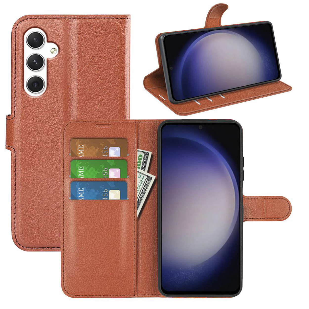 Bruine leren telefoonhoes, open en dicht, met telefoon, kaarten en contant geld. Telefoon heeft drie camera's en een scherm.