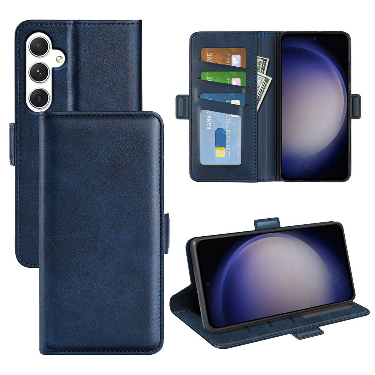 Blauwe leren telefoonhoes met telefoon erin, met kaarten en geld. Andere weergave toont telefoon en hoes.
