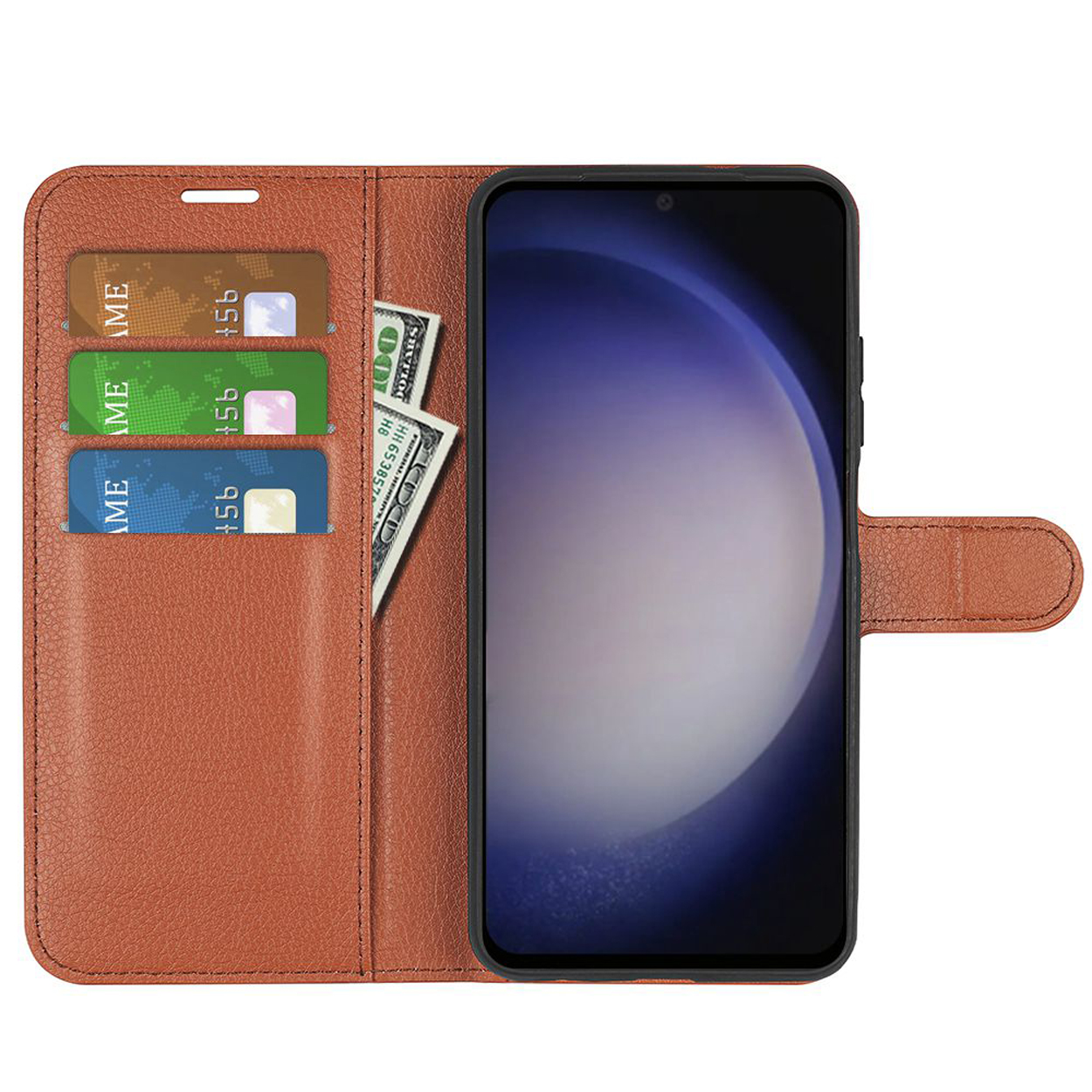 Een open bruine leren telefoonhoes met creditcards en een telefoon.