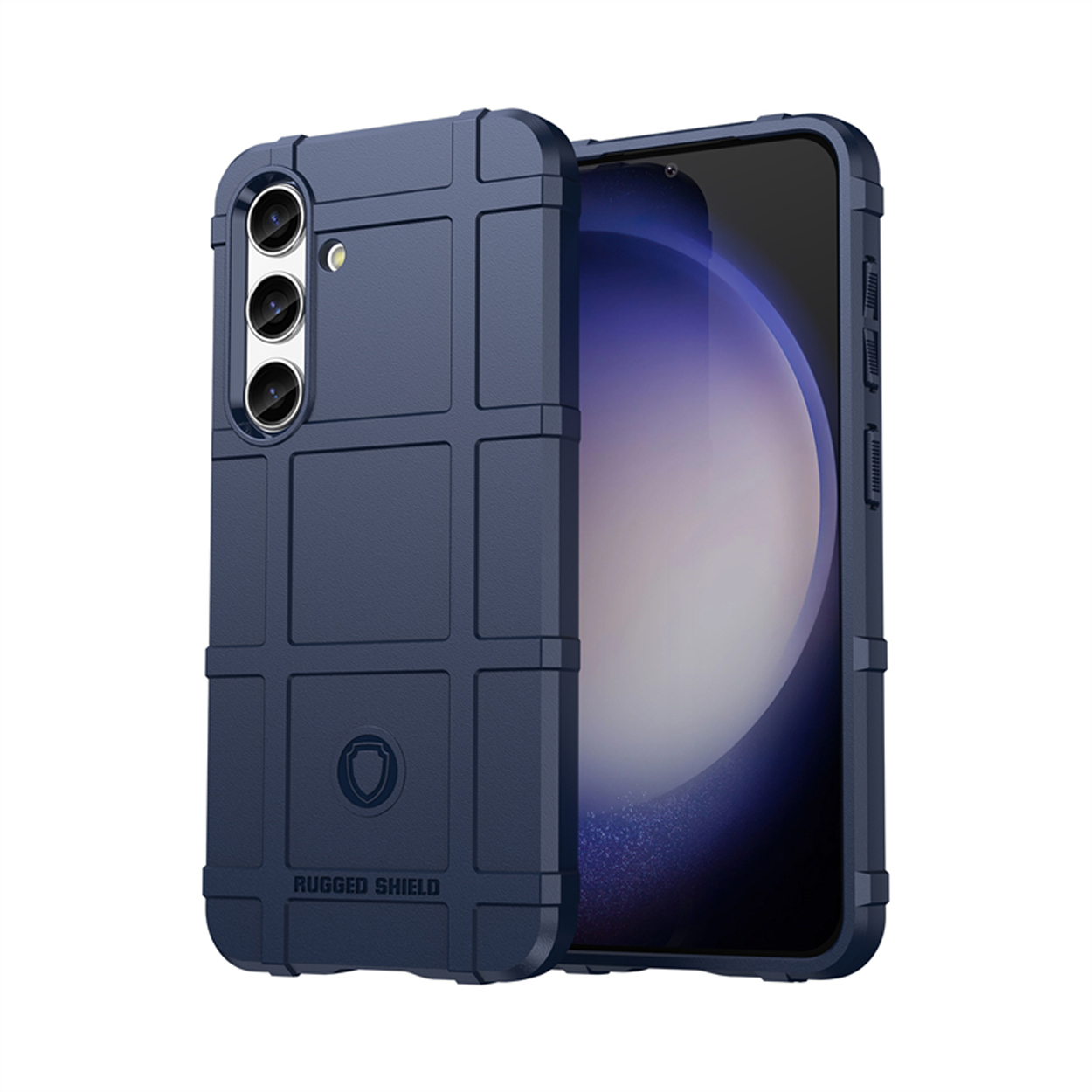 Blauwe telefoonhoes met rasterpatroon en een telefoon met scherm.