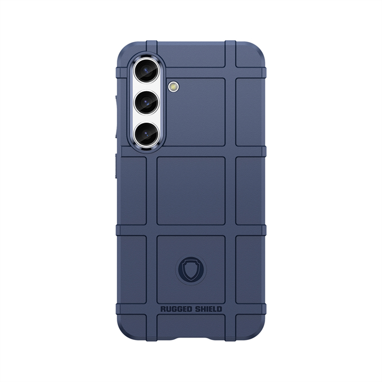 Een blauwe robuuste telefoonhoes met een geometrisch patroon. De hoes heeft een uitsparing voor drie camera's.