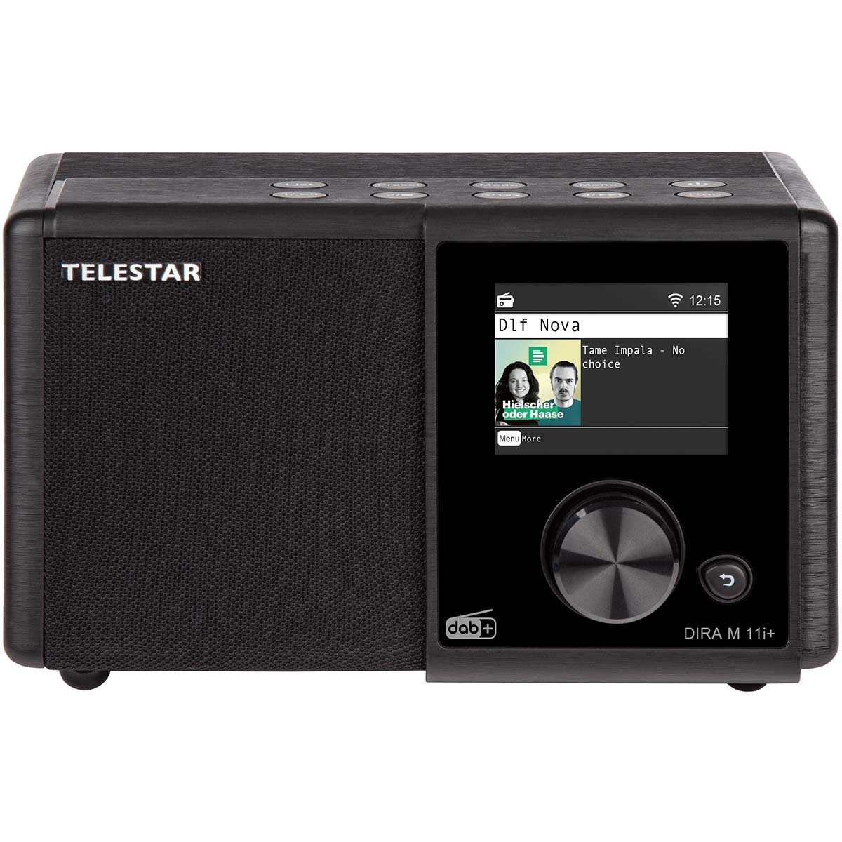 Schwarzes Radio mit Bildschirm, der einen Radiosender anzeigt, und einem Bedienknopf. Die Marke ist 'Telestar'.