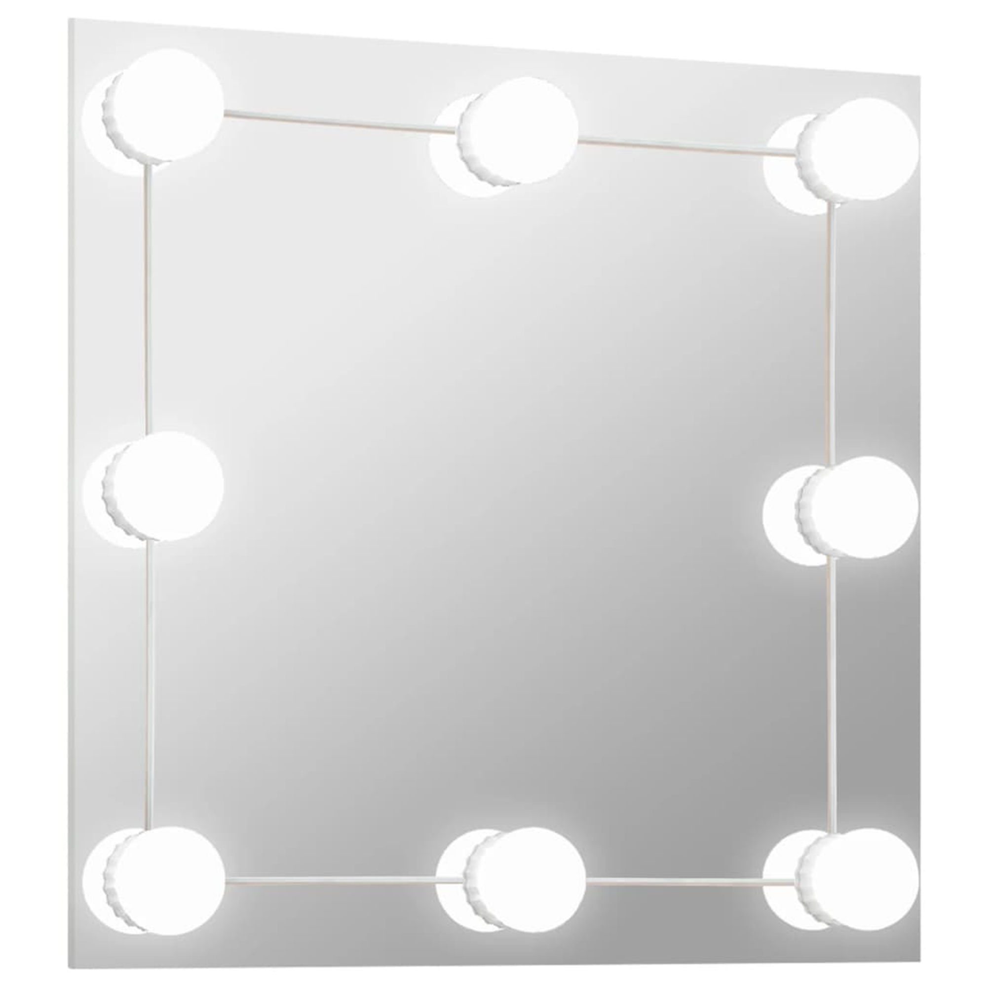 Ein quadratischer Spiegel mit einem Rahmen aus runden, weißen Lichtern. Die Lichter sind gleichmäßig verteilt.