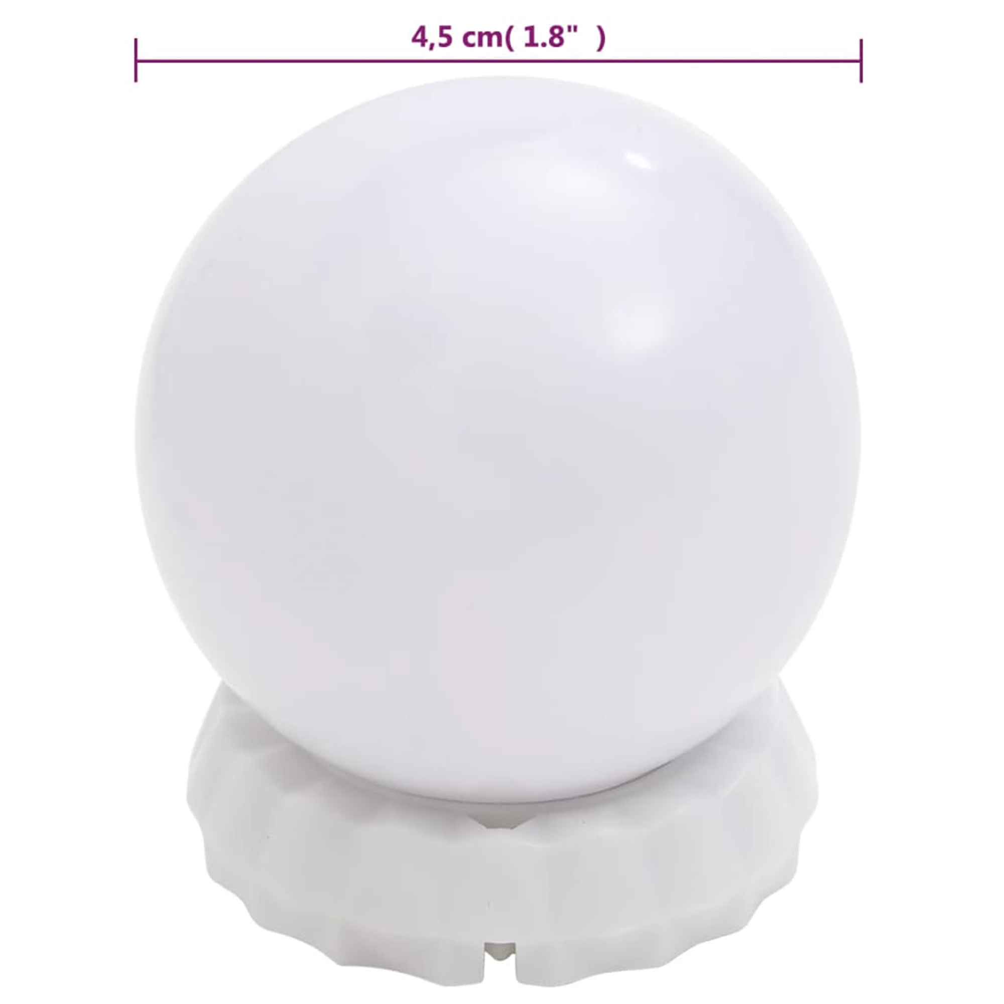 Ein weißes, rundes Licht mit weißem Sockel, misst 4,5 cm (1,8 Zoll).