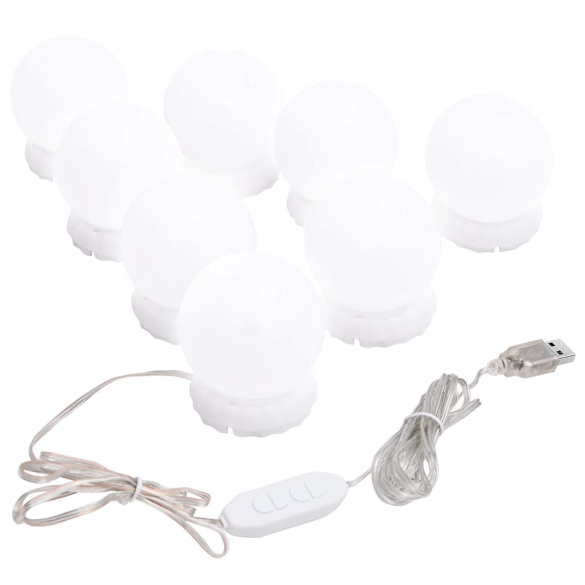 Weiße Schminklichter mit USB-Kabel und Schalter auf weißem Hintergrund.