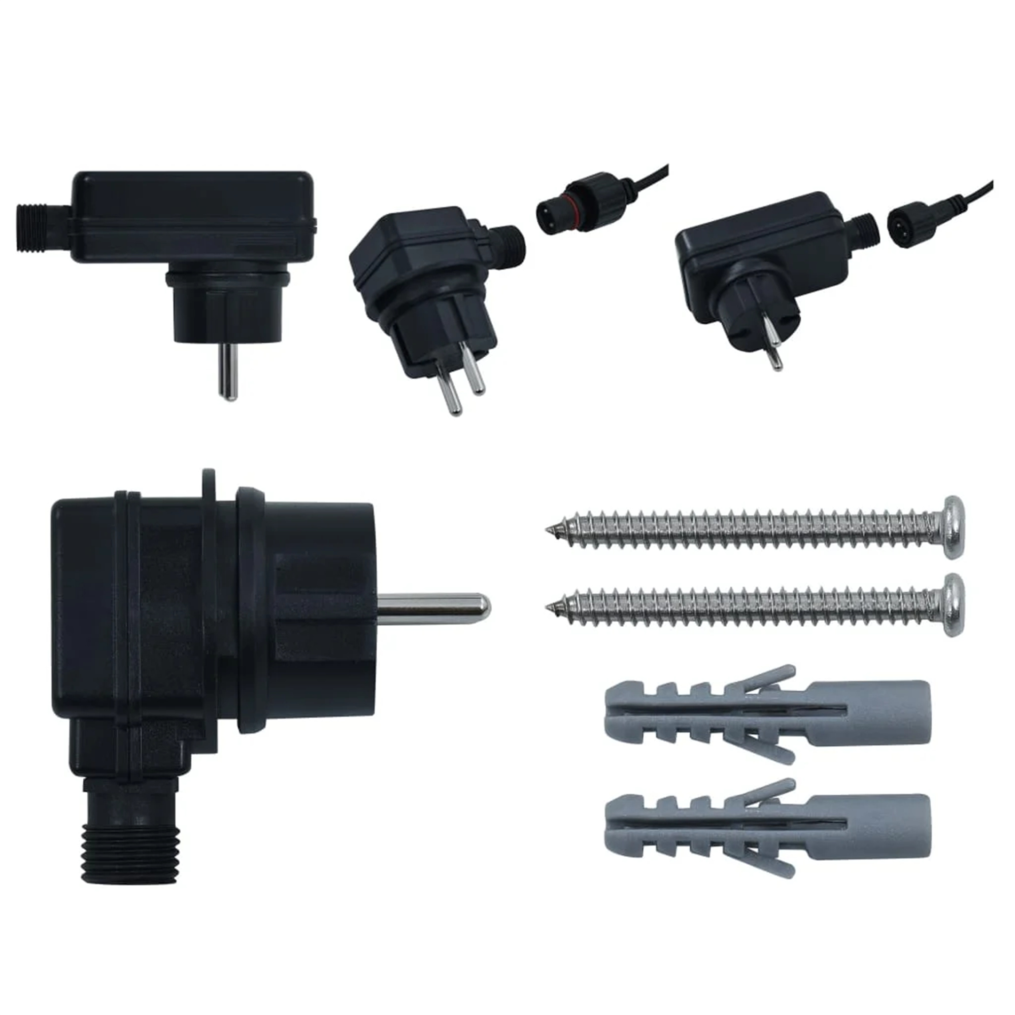 Verschiedene schwarze Stecker, Anschlüsse, Schrauben und graue Wandanker.