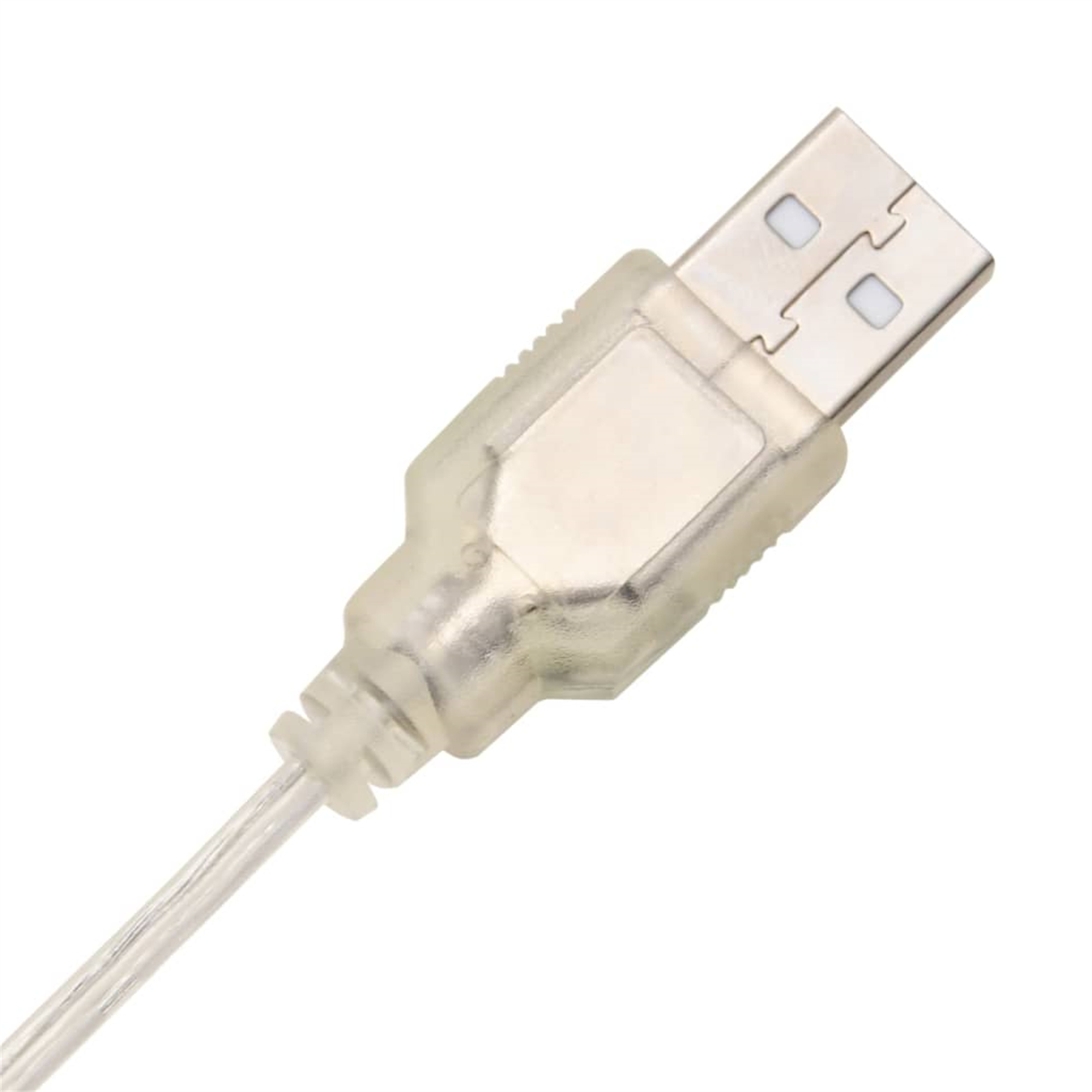 Ein klares USB-Kabel mit einem USB-Anschluss am Ende.