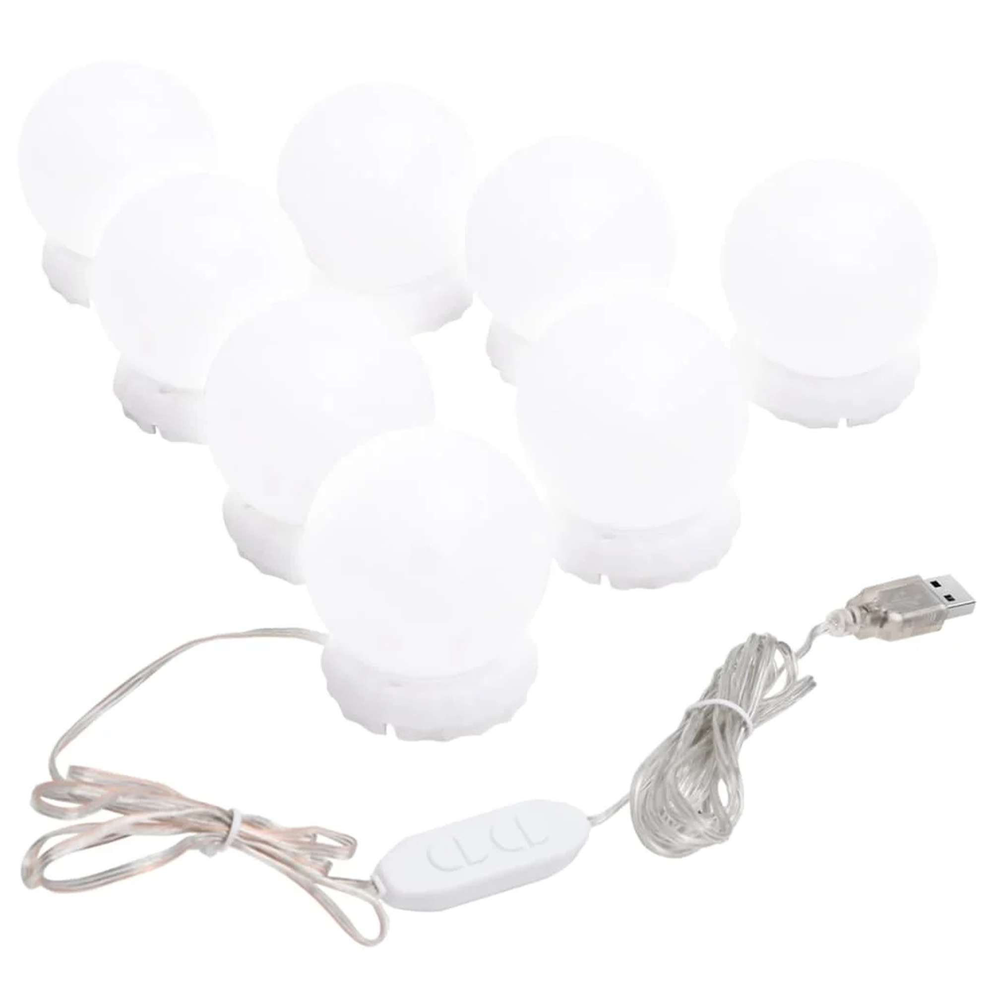 Set aus acht weißen, runden LED-Leuchten mit Bedienfeld und USB-Anschluss.