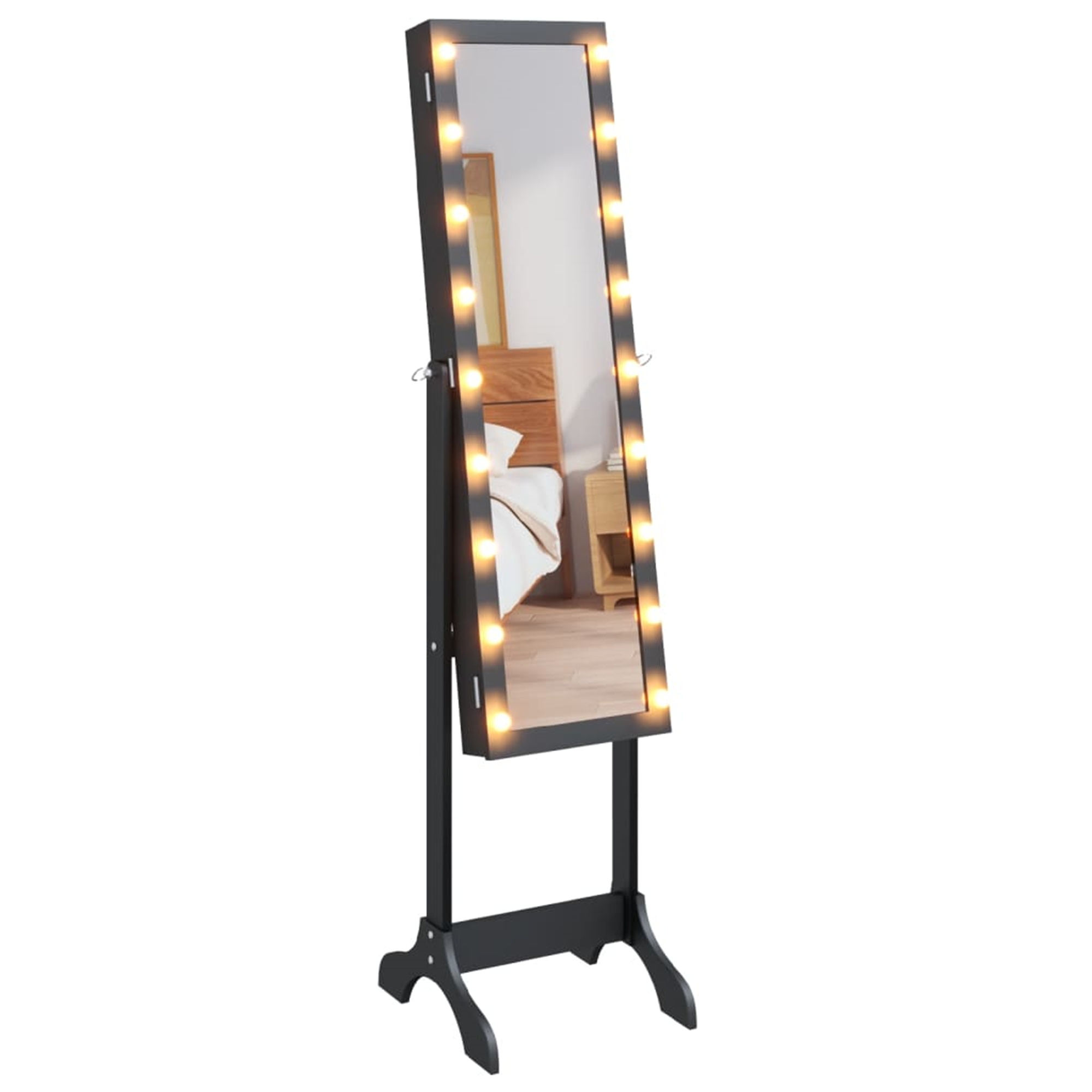 Schwarzer Ganzkörperspiegel mit Lichtern, spiegelt ein Schlafzimmer. Der Spiegel steht auf einem Ständer.