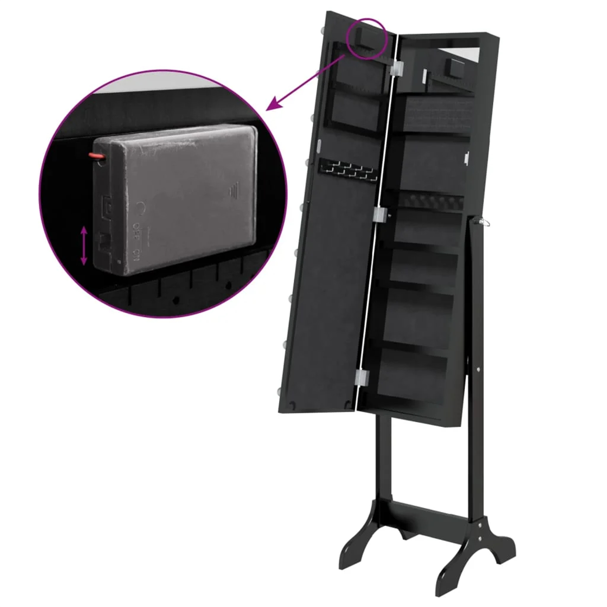 Schwarzer Schmuckschrank, offen mit Regalen, Schubladen und einem Akku in der Tür.