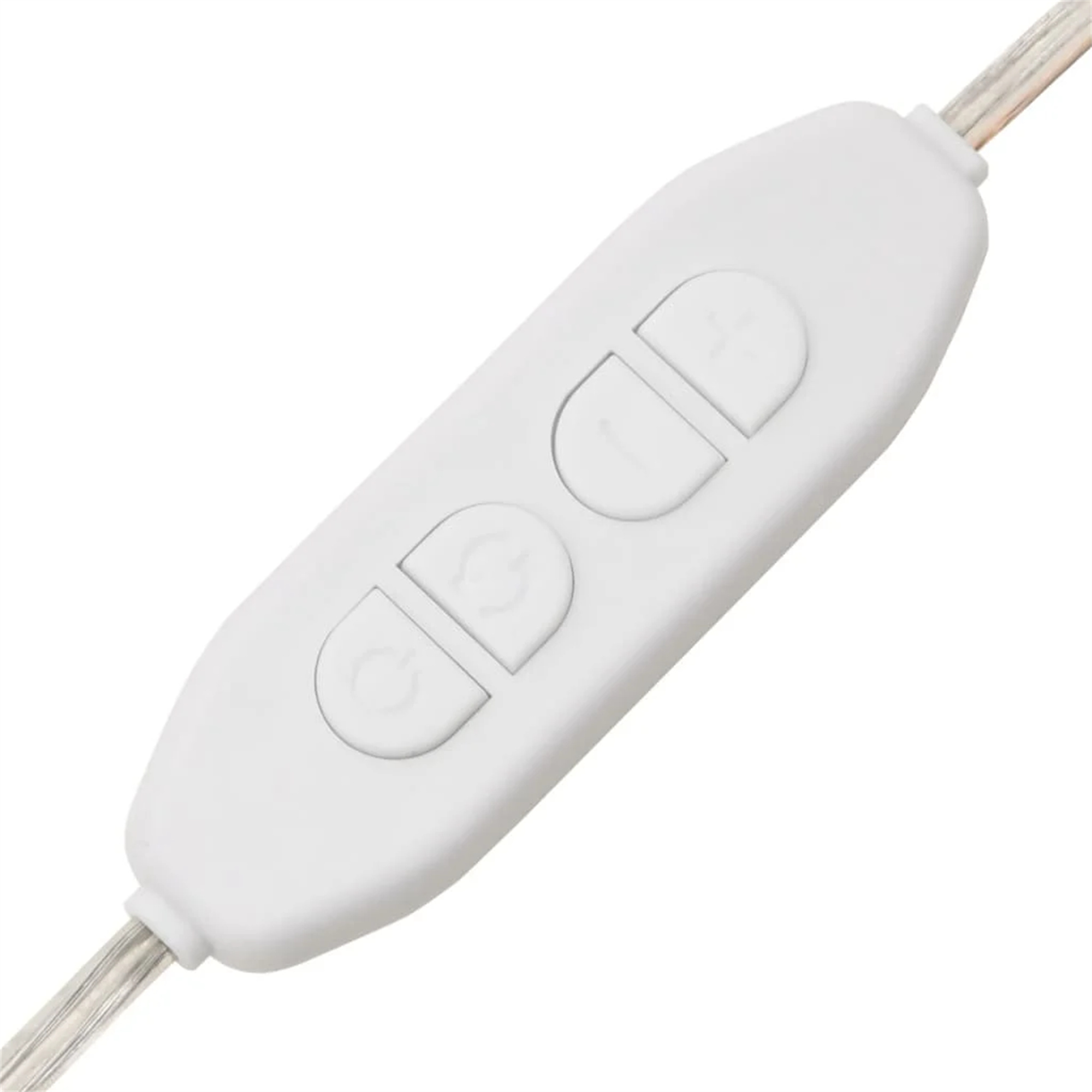 Weißer Steuerschalter mit drei Tasten, an einem Kabel befestigt. Zwei Tasten sind für die Lautstärke.