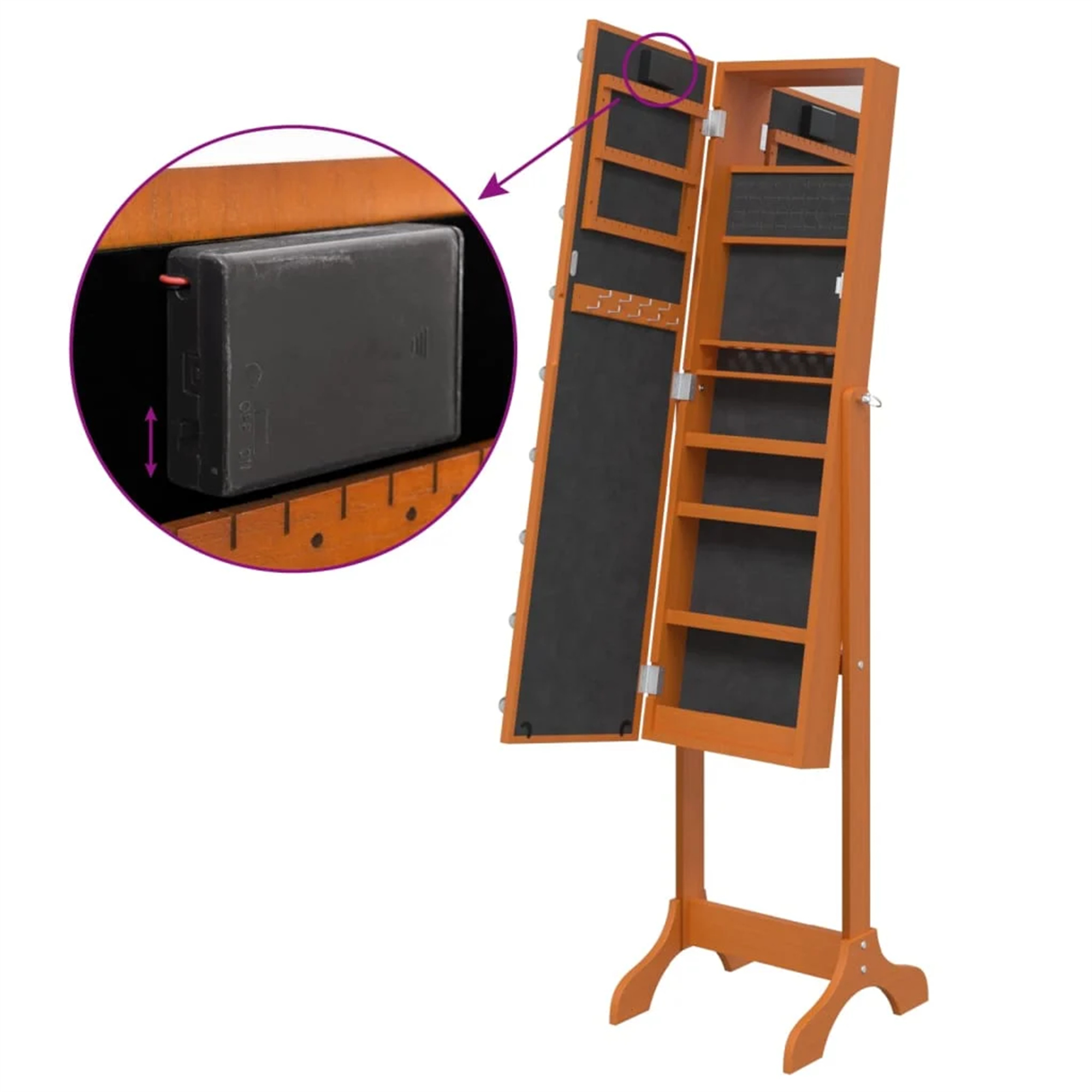 Ein Holzschmuckschrank mit Batteriefach. Der Schrank ist geöffnet und zeigt Regale und einen Spiegel.