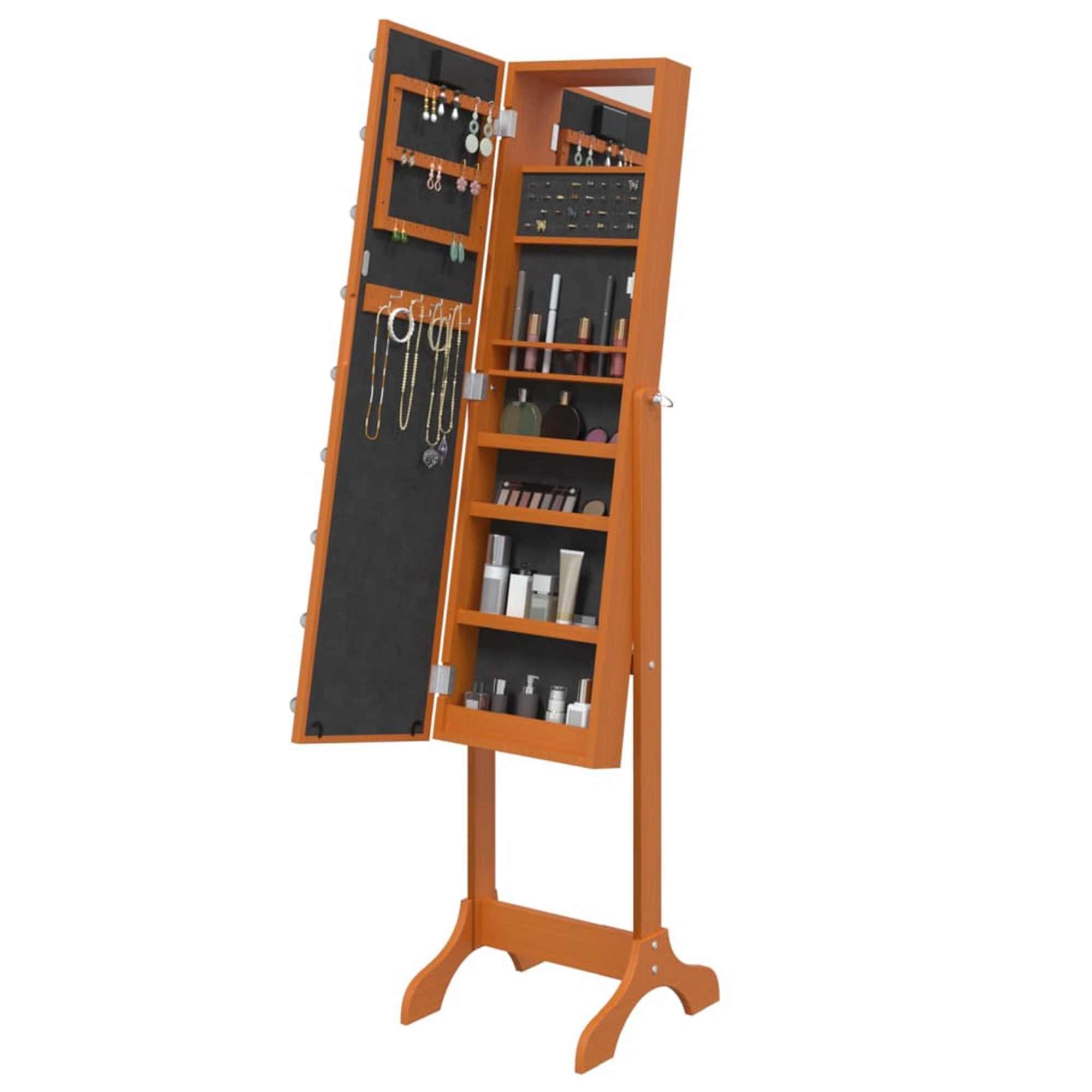 Hölzerne Schmuck-Armoire. Eine Tür geöffnet, Regale und Haken zeigend. Die andere Tür hat einen Spiegel.
