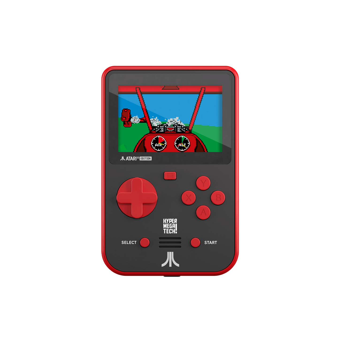 Consola de juegos portátil retro, roja y negra. Muestra un juego en la pantalla. Fondo blanco.