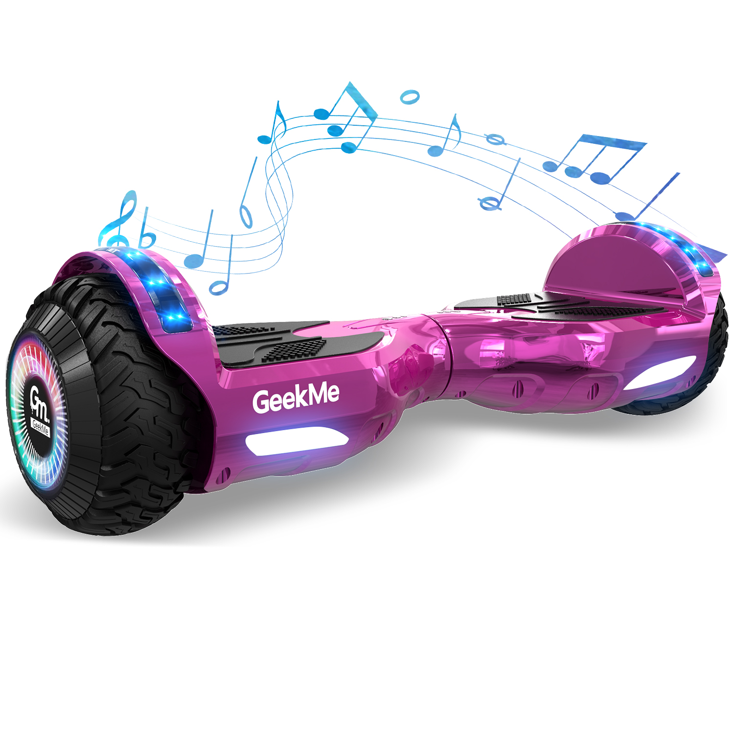 Hoverboard rosa e nero con note musicali. La tavola ha ruote e luci.
