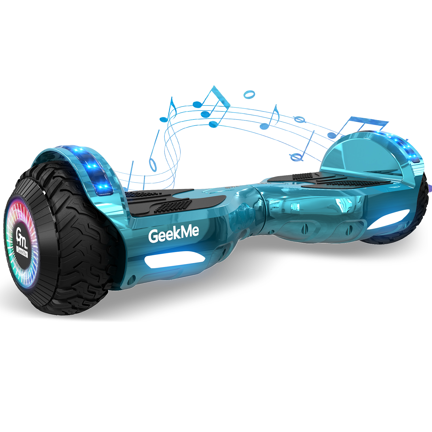 Hoverboard blu con pneumatici neri e luci a led. Note musicali sopra.