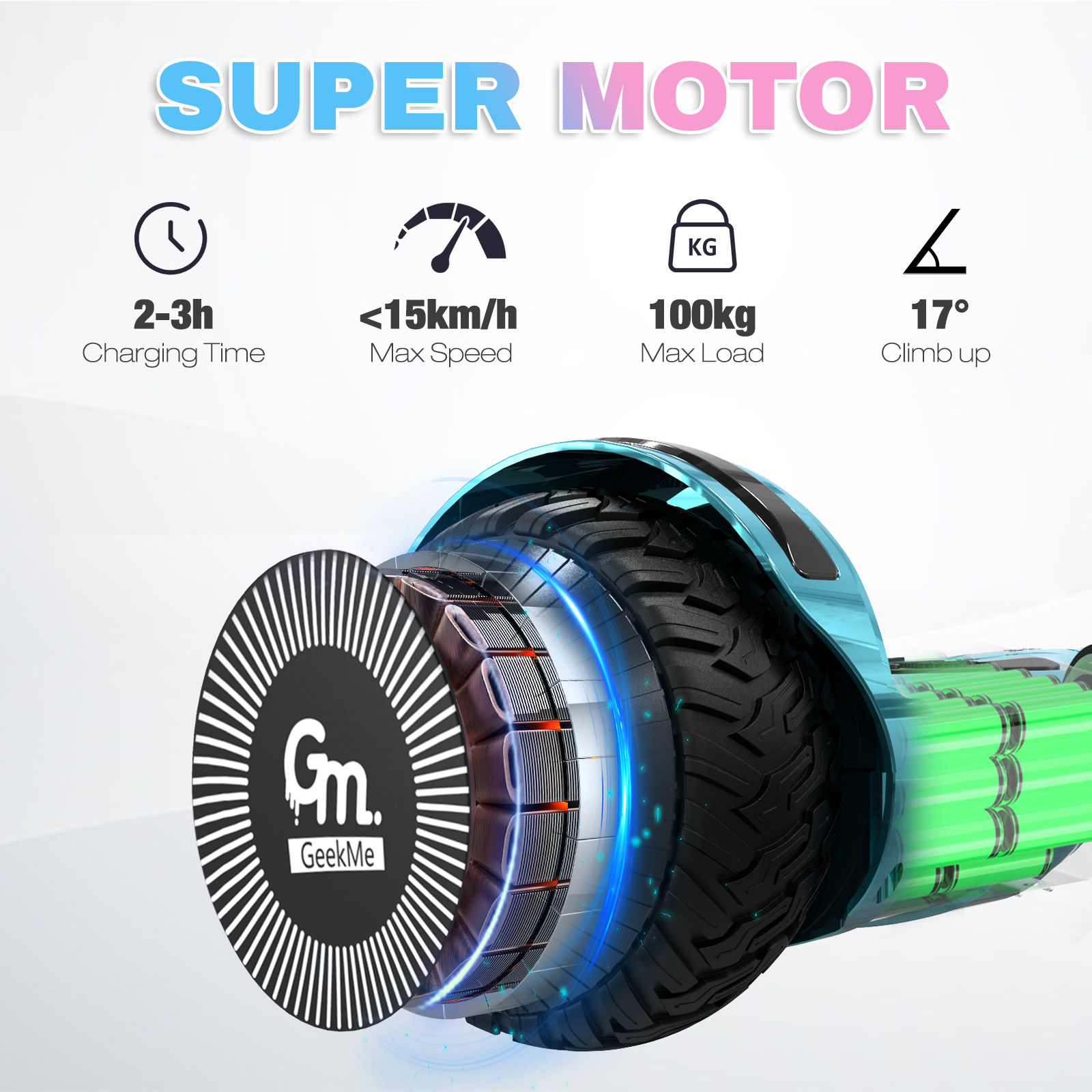 Hoverboard con specifiche: ricarica 2-3h, velocità max 15km/h, carico max 100kg, e salita 17°. Logo GeekMe.