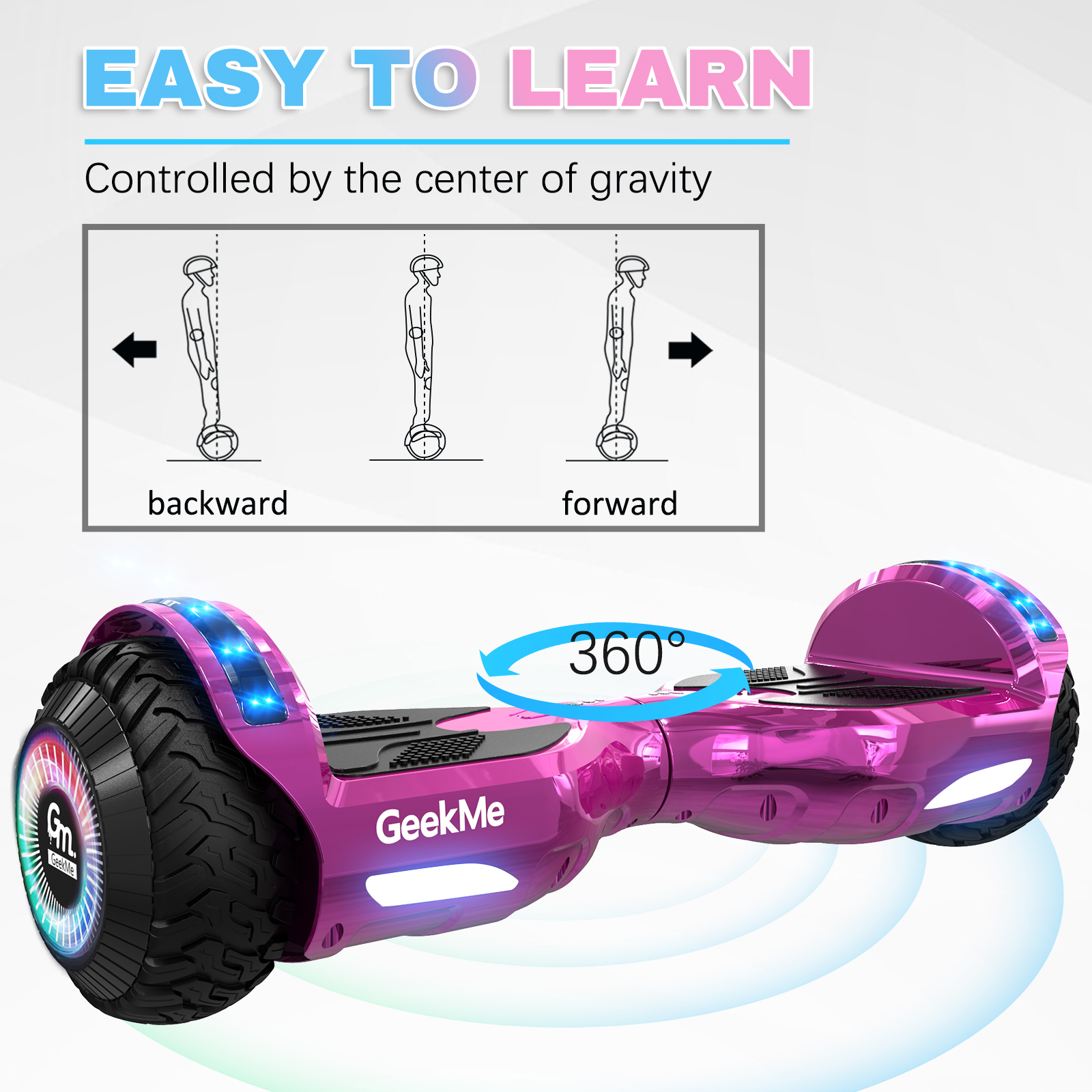 Hoverboard rosa con luci blu, che mostra l'inclinazione in avanti e indietro per il controllo. Il testo dice 'Facile da imparare'.