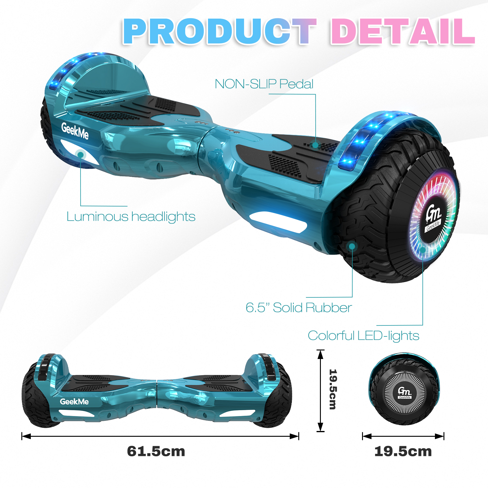 Hoverboard blu con etichette. Mostra dimensioni e caratteristiche. Sfondo bianco.