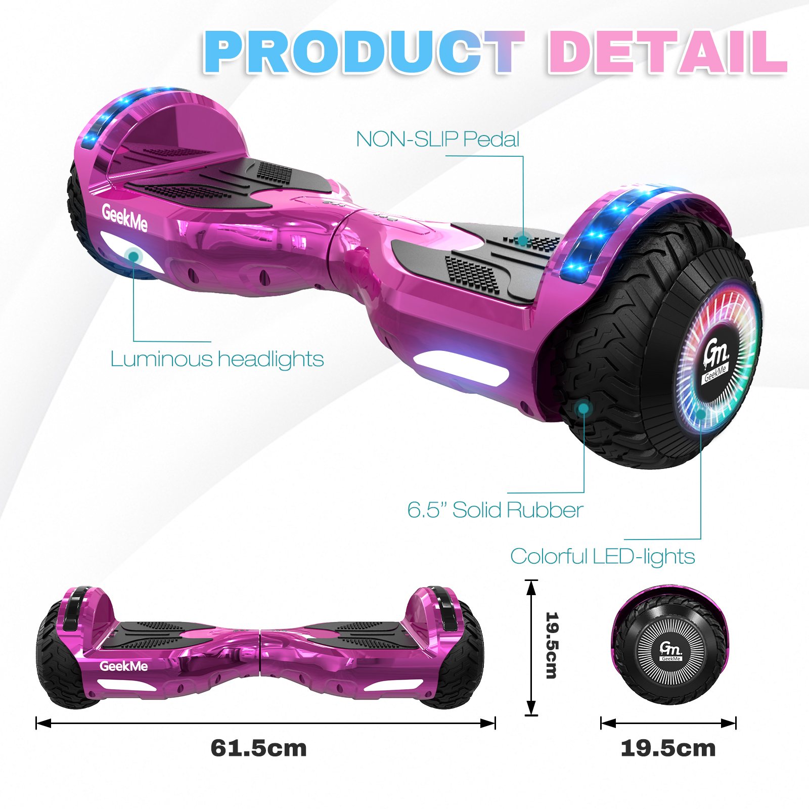 Un hoverboard rosa con dettagli del prodotto come luci, ruote e dimensioni.