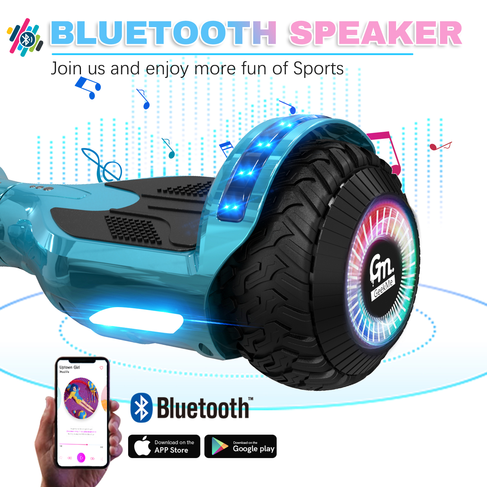 Hoverboard blu con pneumatico nero, smartphone con musica e logo Bluetooth.