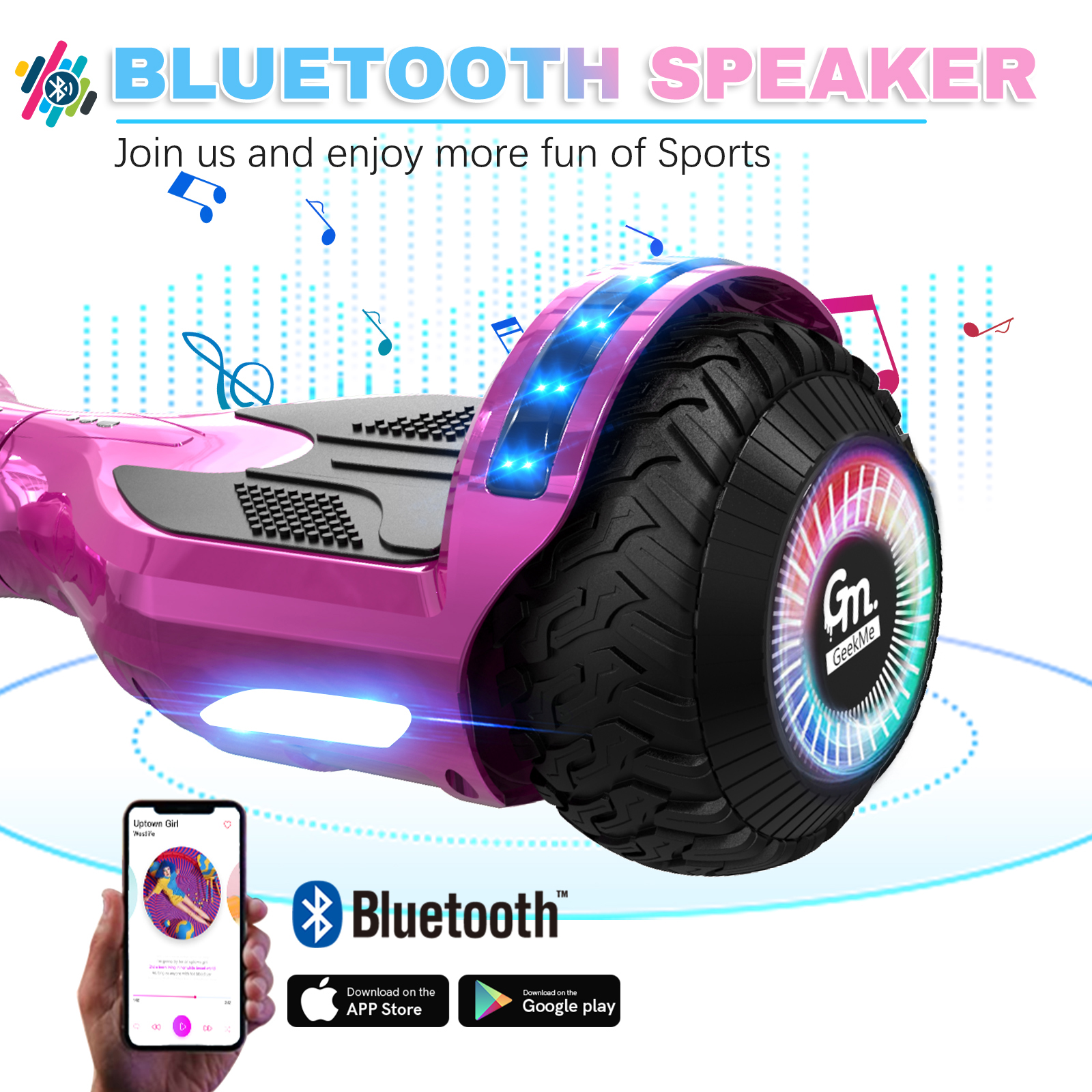 Un hoverboard rosa con luci e un altoparlante. Una mano tiene un telefono che mostra un'app musicale.
