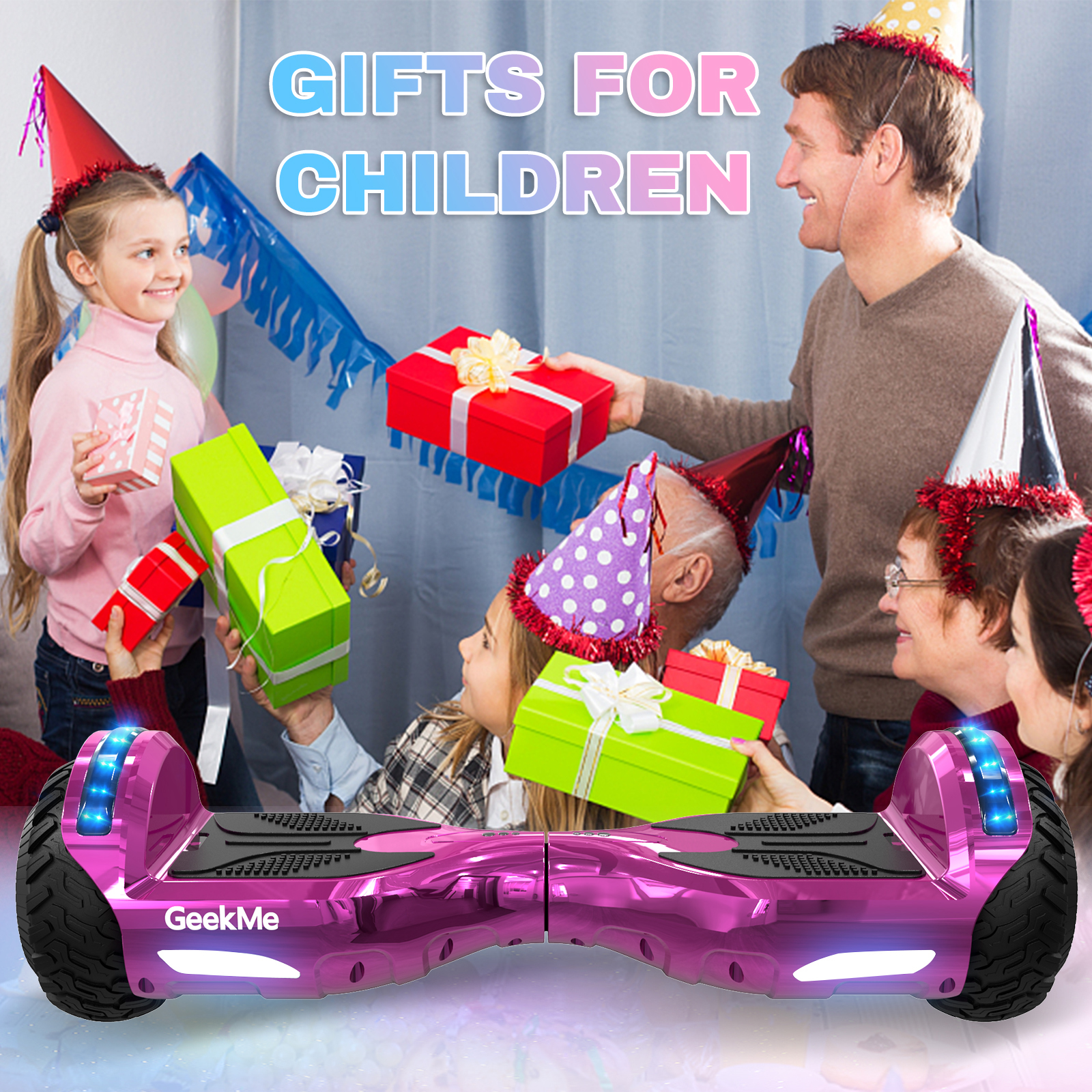 Una famiglia festeggia un compleanno con hoverboard, regali e cappelli da festa.