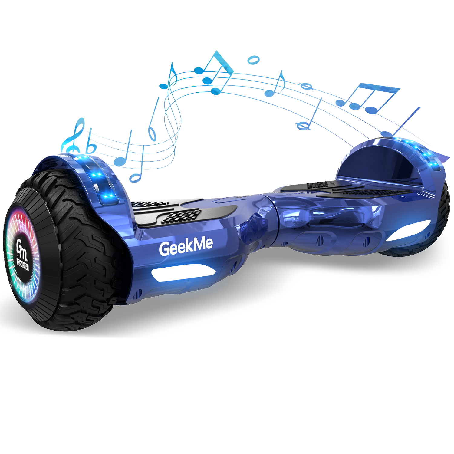 Un hoverboard blu con luci blu e una ruota multicolore. Le note fluttuano sopra.