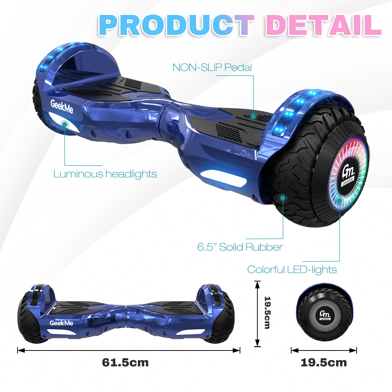 Un hoverboard blu con luci. Le dimensioni sono visualizzate. Pedale antiscivolo e luci LED colorate.