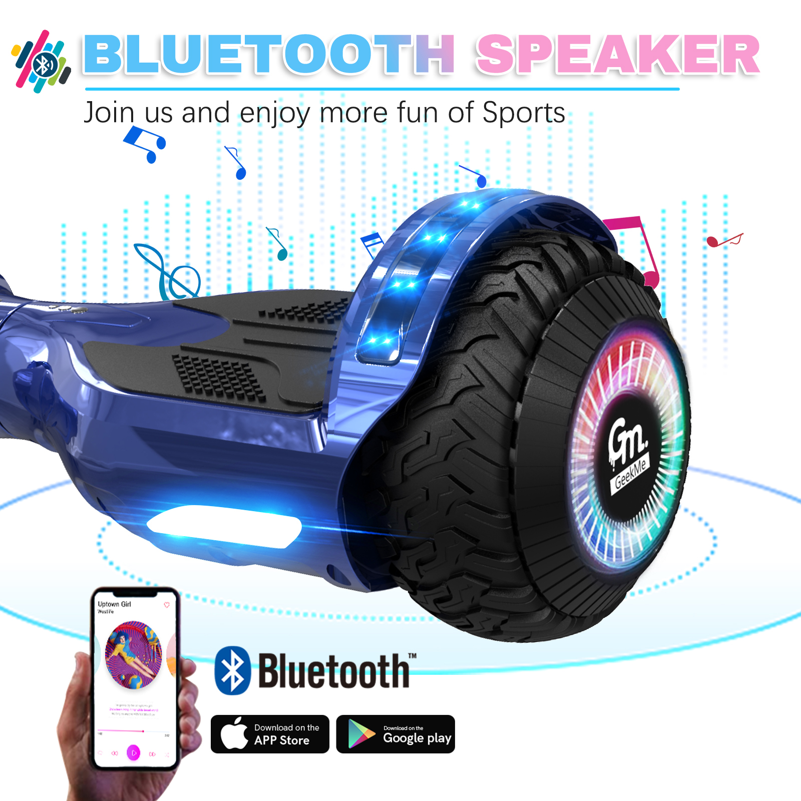 Un hoverboard blu con funzionalità di altoparlante Bluetooth. Un telefono mostra un'app musicale ed è presente il logo Bluetooth.