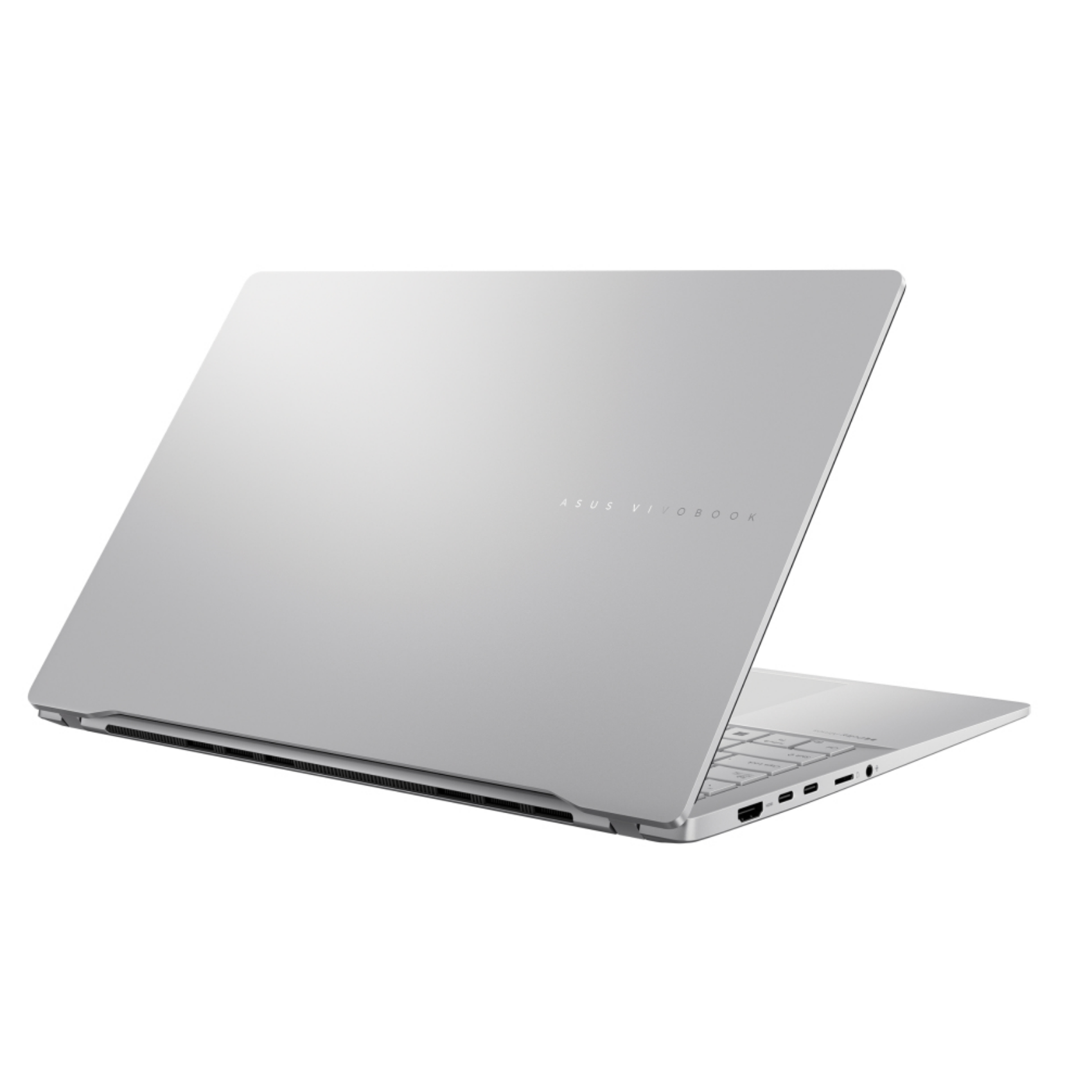 Srebrny laptop ASUS Vivobook pokazany pod kątem z tyłu.