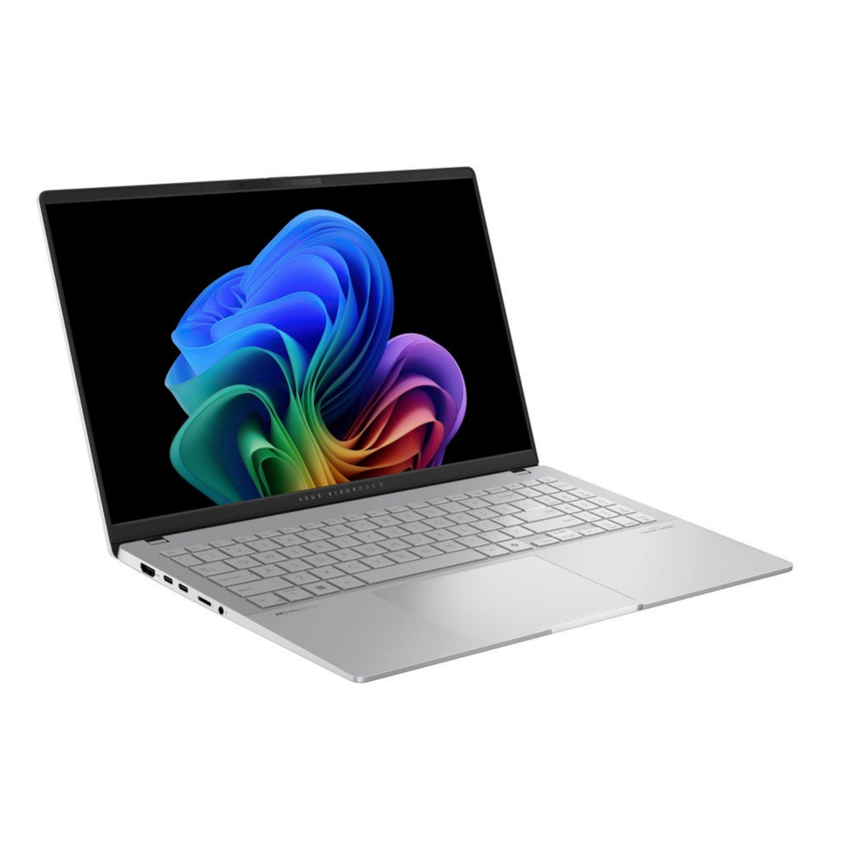 Srebrny laptop na białym tle, ekran wyświetla kolorowy abstrakcyjny wzór. Klawiatura widoczna. ASUS Vivobook.