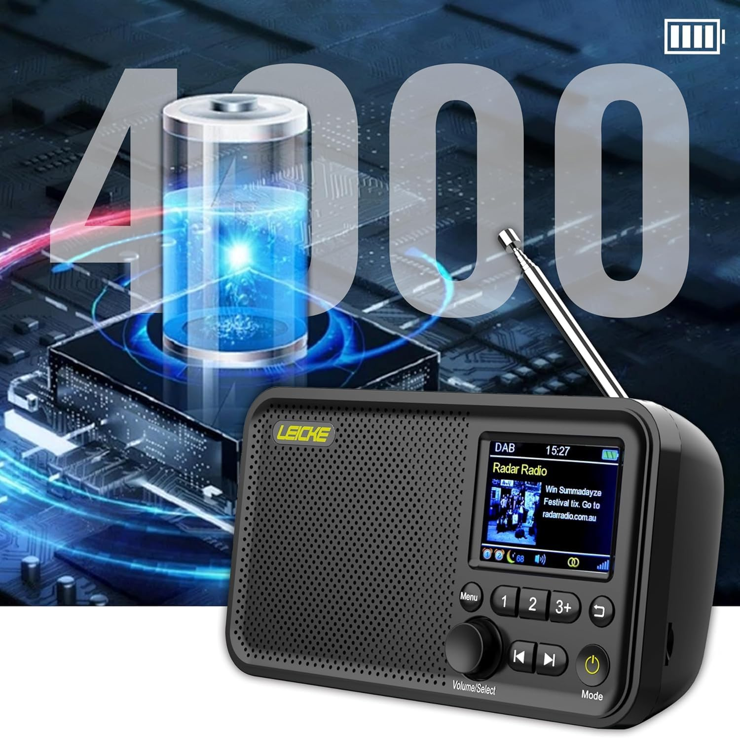 Ein schwarzes Radio mit Bildschirm zeigt Radiodaten an. Eine Batterie Grafik ist sichtbar.