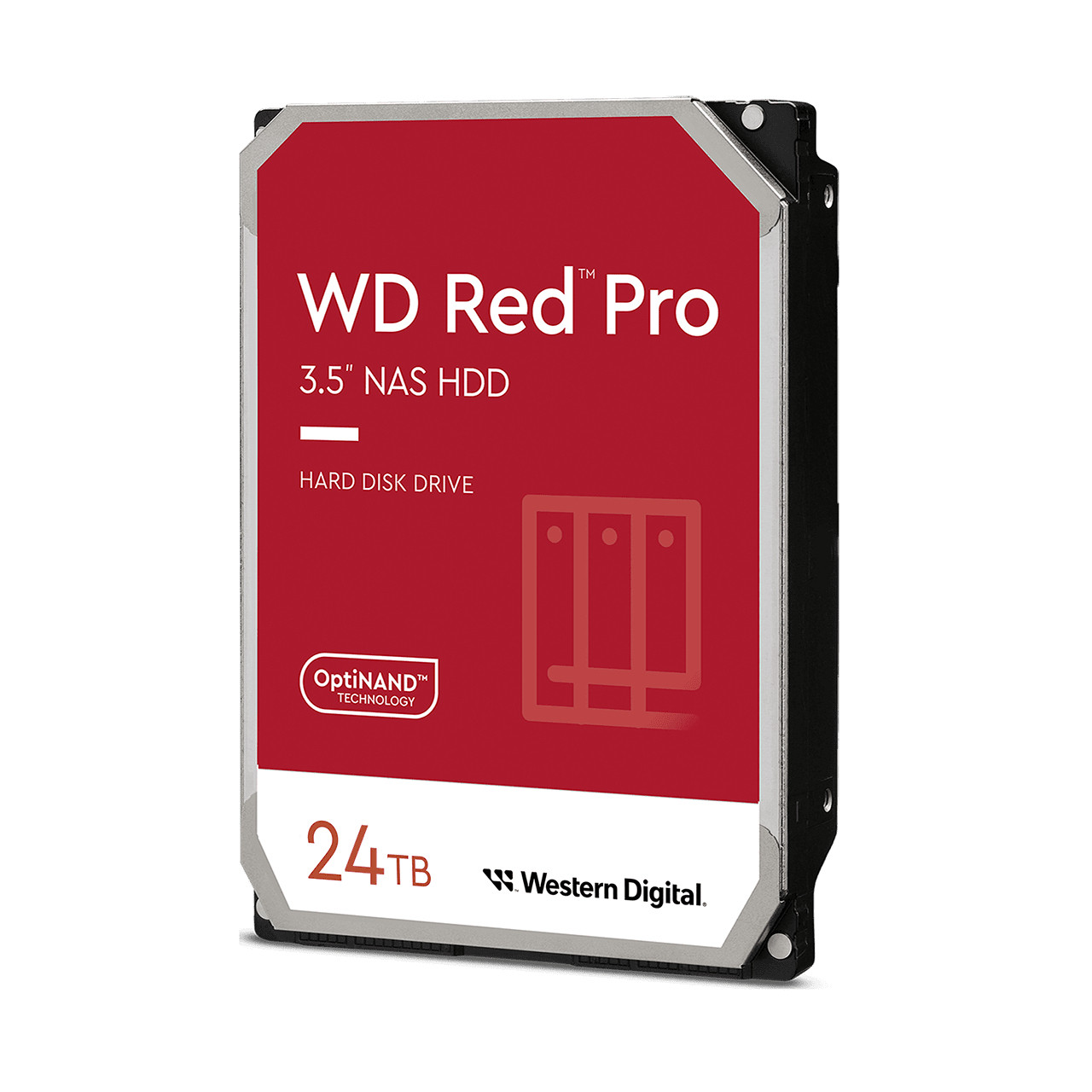 Dysk twardy WD Red Pro 24TB. Czerwono-czarna kolorystyka z logo Western Digital.