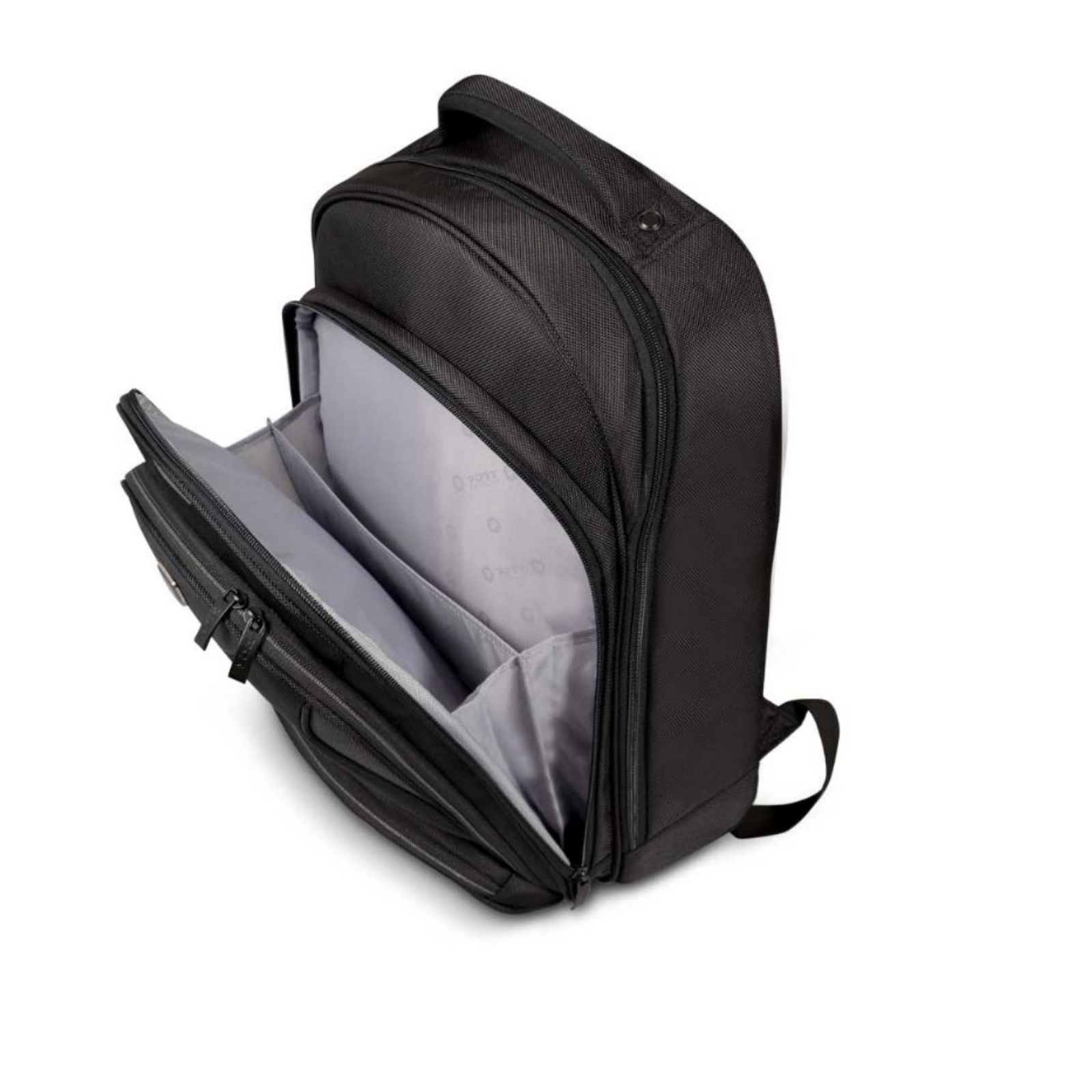 Black backpack, open with visible interior compartments.