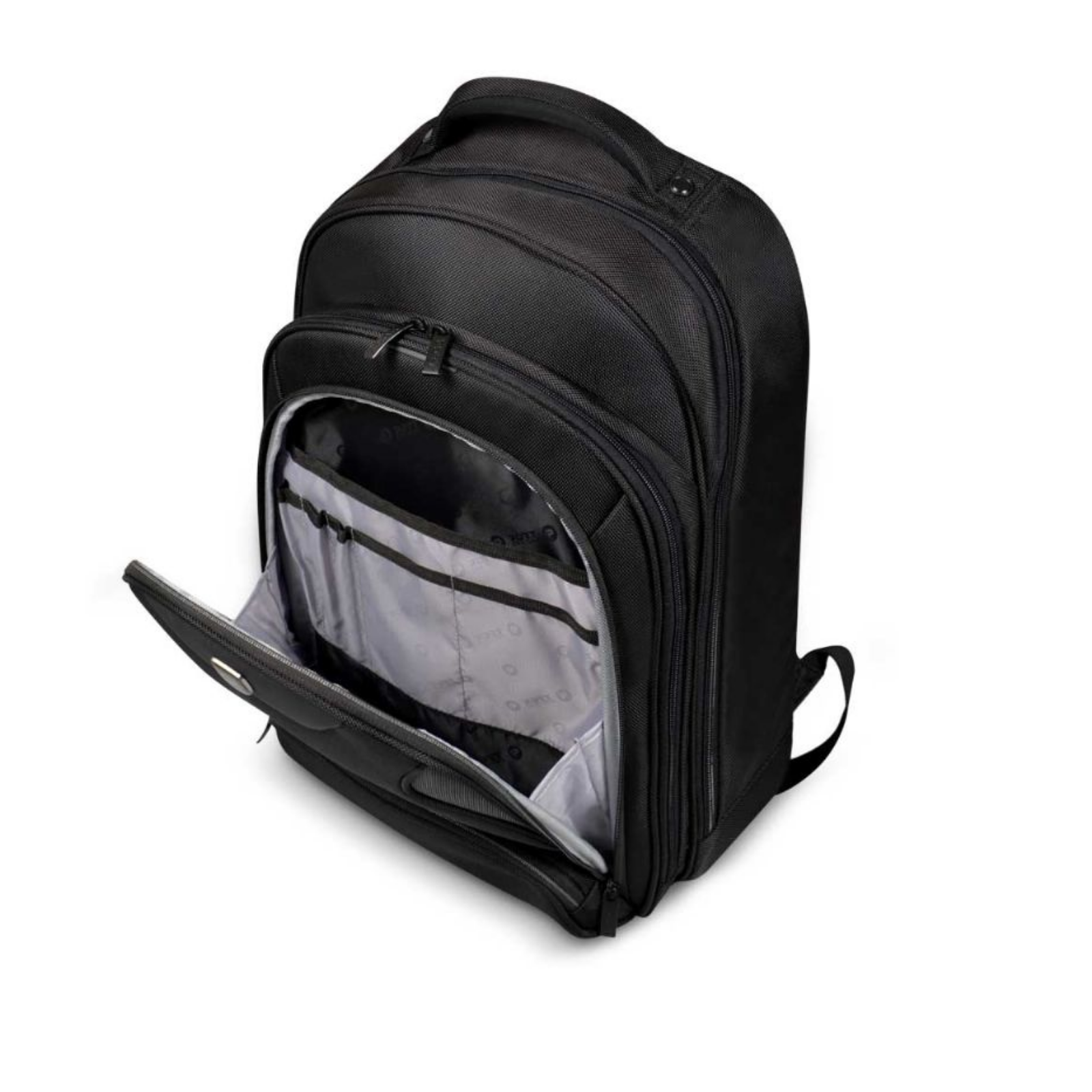 Black backpack with open compartments showing interior pockets.